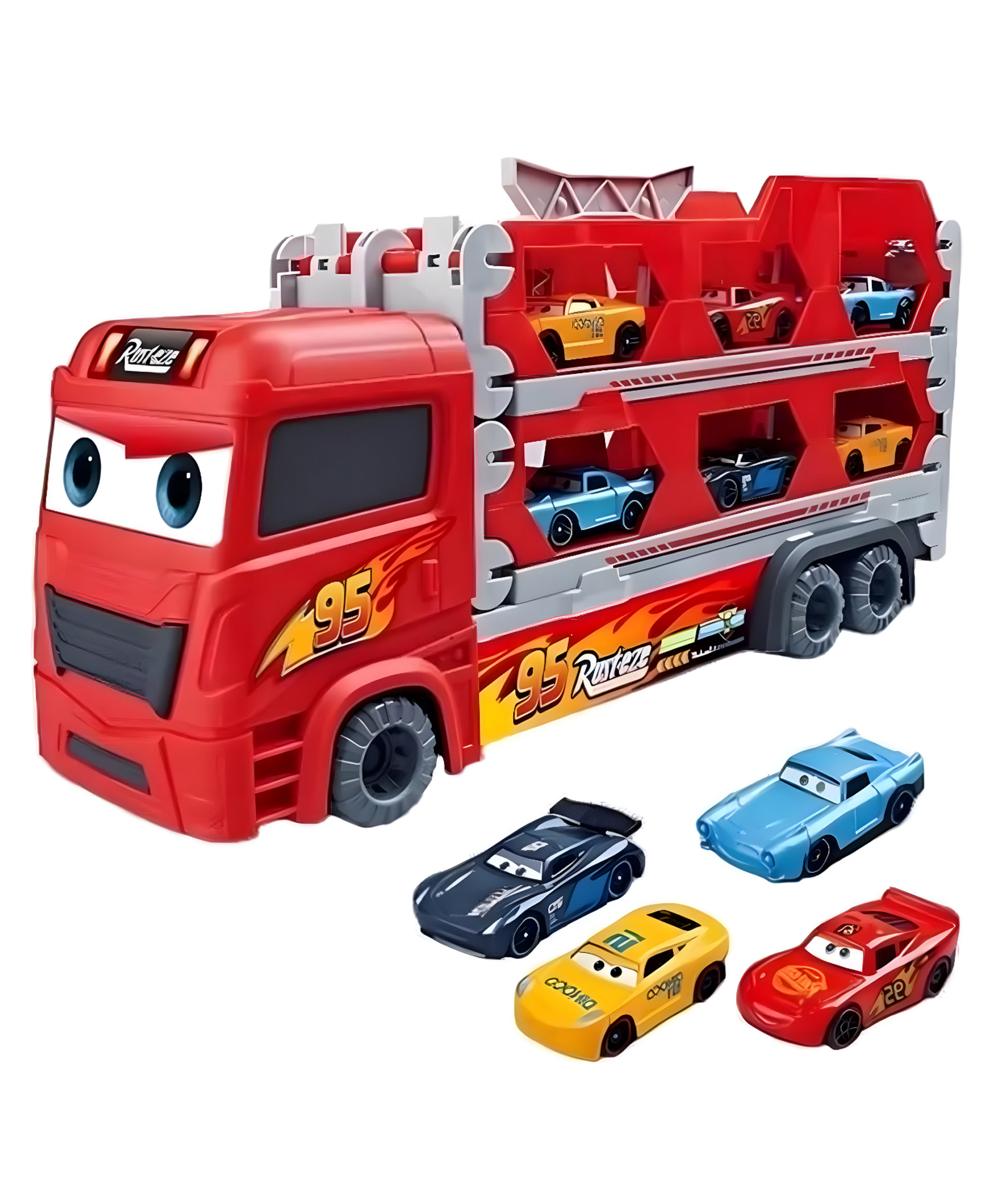 NEGOCIO Cars Theme Big Hauler Storage & Deform Transport Truck Toy with 2 Foldable Ejection Race Track & 4 Pcs Die cast Cars for Kids- PACK OF 1- COLOR MAY VARY-picture-19