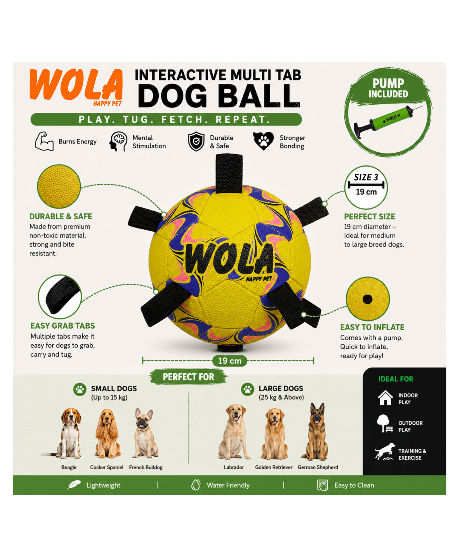 WASAN WOLA Multi Tab Football for Big/Grown-up Dogs I Suitable for Indoor & Outdoor Play I Interactive Ball with Grab Tabs I Diameter 19 cm-image-26