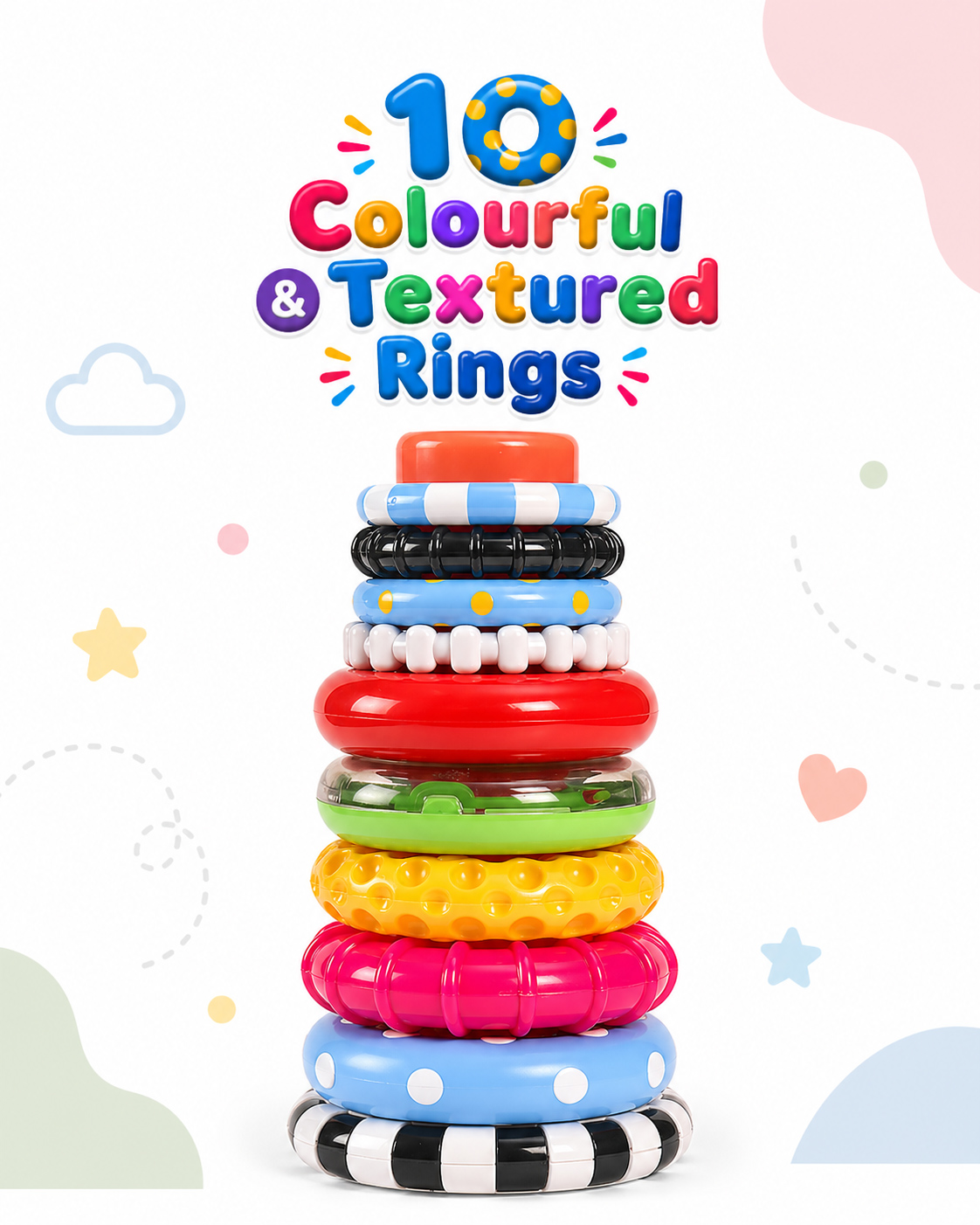 Play Nation 10 Colorful & Textured Stacking Rings| Easy to Grip & Hold| Educational Stack-Up Toy| Bath Friendly Rings| Develops Fine Motor Skills & Hand-eye Coordination| BIS Certified| 5 Months+-picture-32