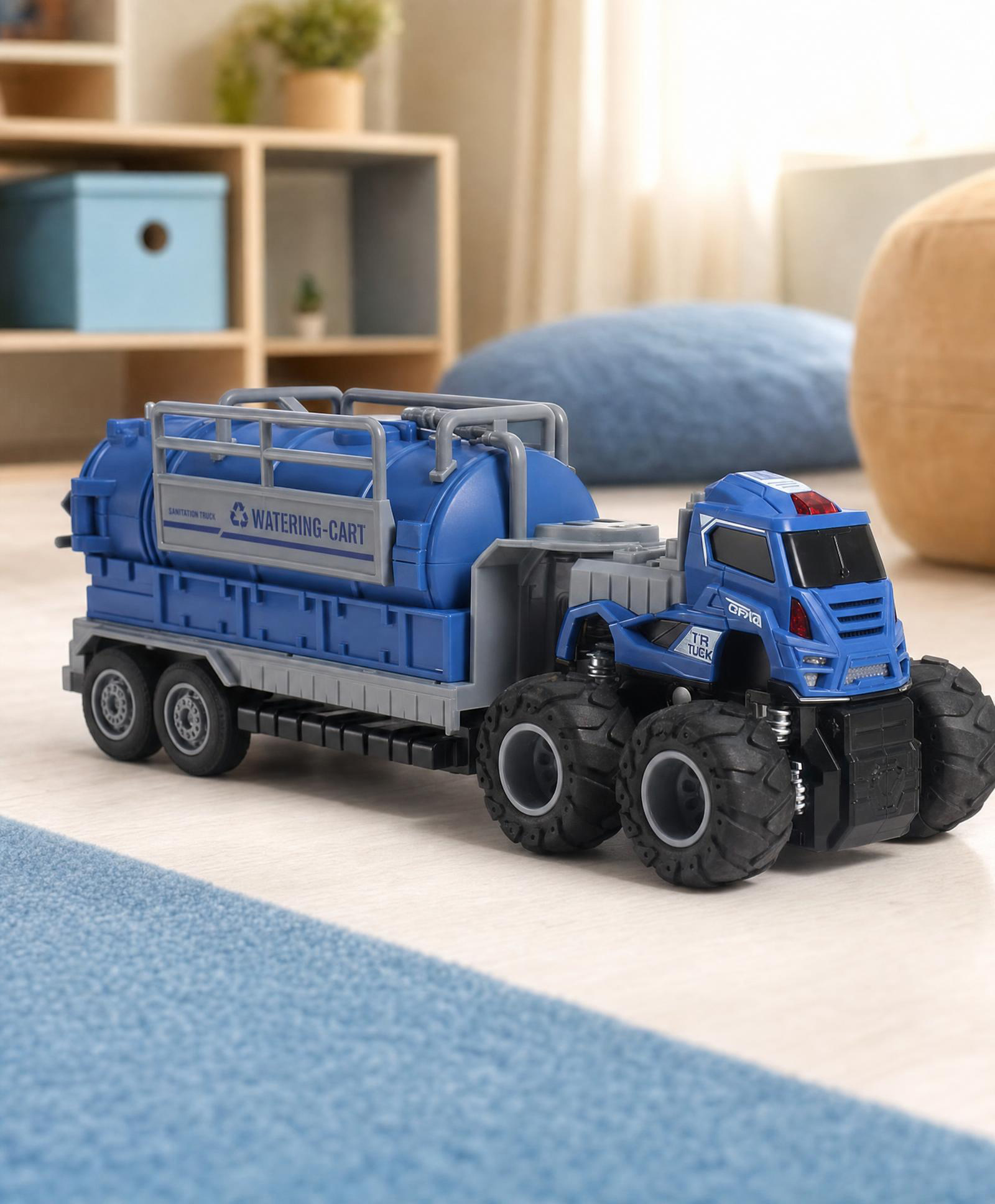 Play Nation Friction Power Water Tank Truck with Lights & Music Sanitation Theme Watering Cart Monster Wheels| Imaginative Action Play Set for Creativity & Role Play Gifting Option -Blue-image-2