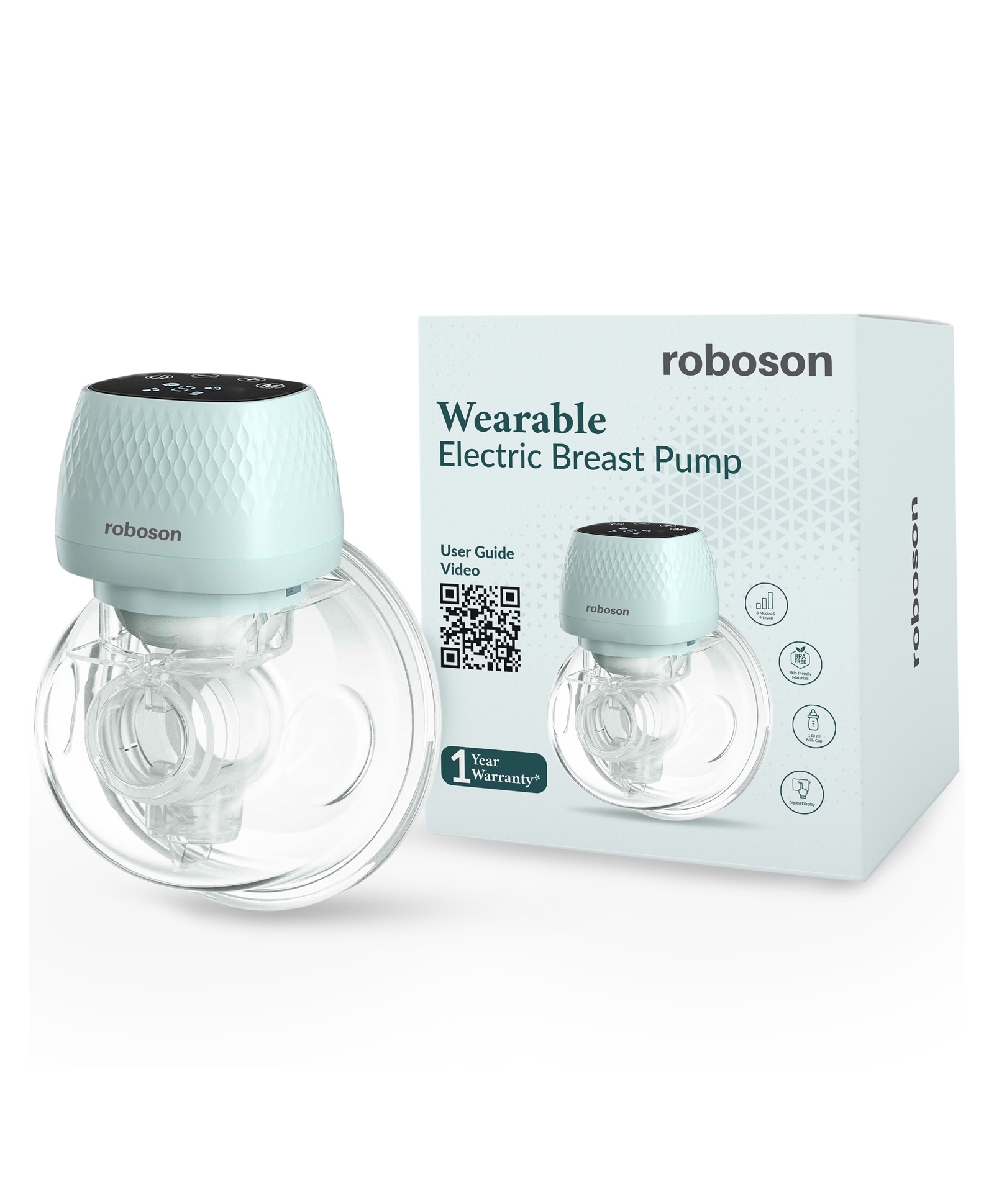 roboson Wearable Electrical Breast Pump Automatic Electric Milk Feeding Pumping Machine with 3 Modes & 9 levels Large 1400 mah battery 150 ml Milk Cup 1 Year Warranty - Sea Green-image-11