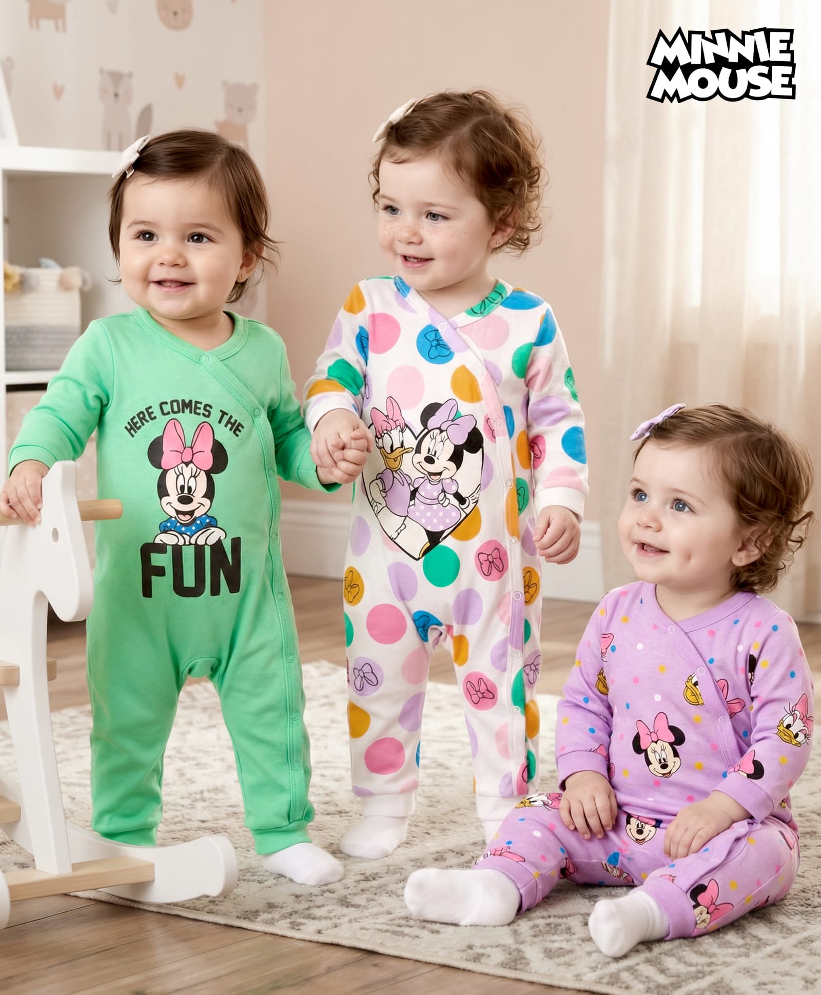 Babyhug Disney Interlock Knit Full Sleeves Rompers With Minnie & Friends Graphics Pack of 3 - Multicolor-image-21