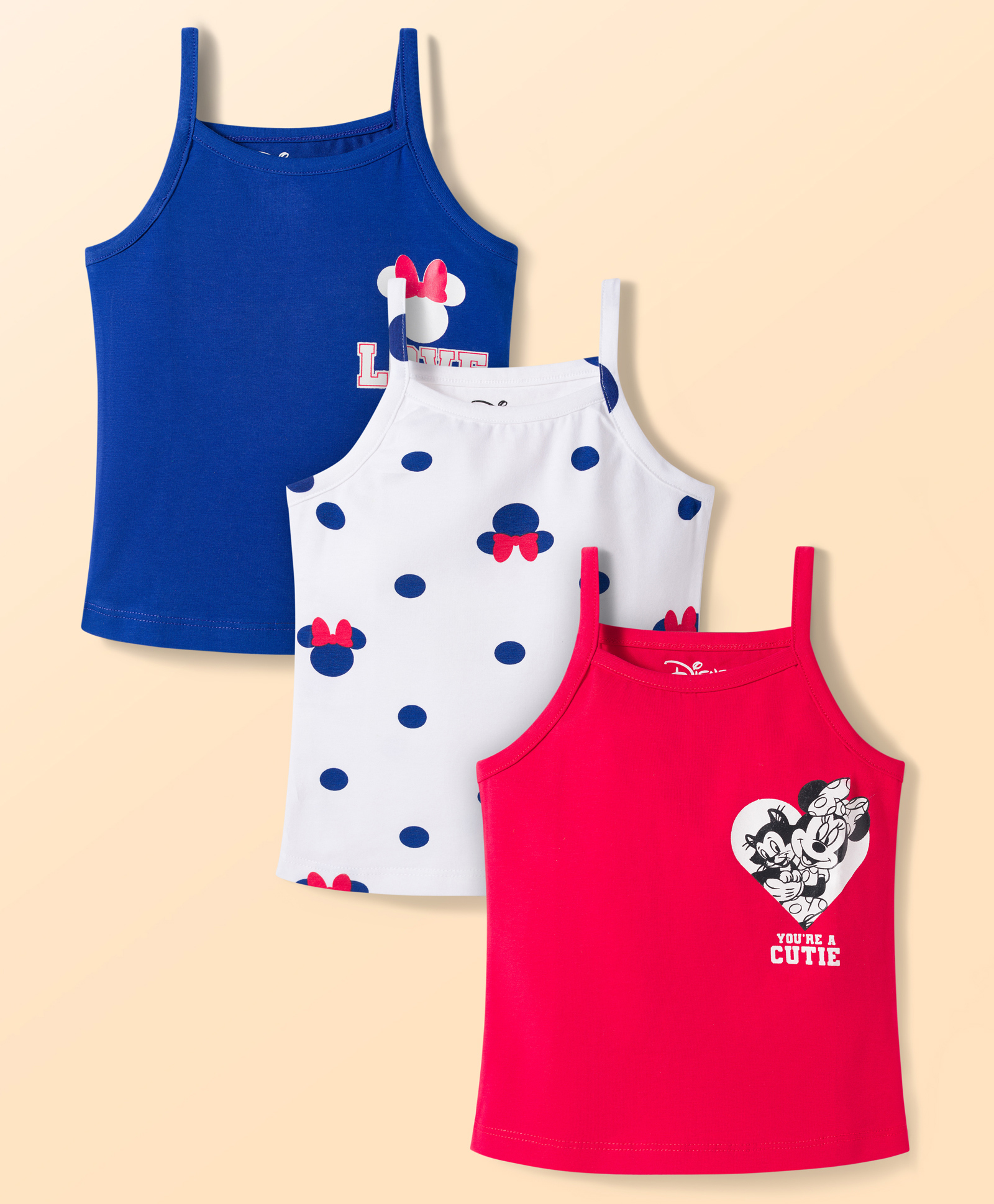 Babyhug Disney Lycra Knit Sleeveless Slips With Minnie Mouse Graphics Pack Of 3 - Navy Blue White & Red-image-35