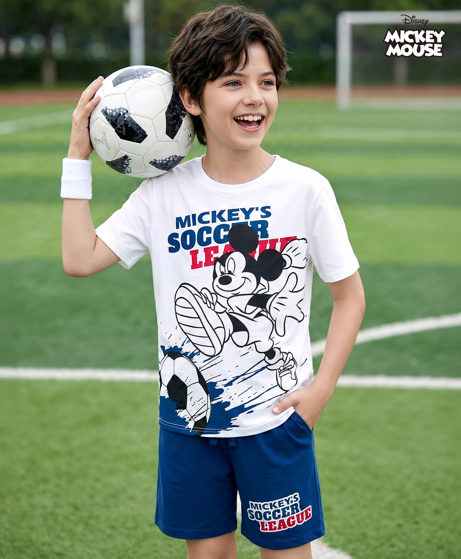 HoneyHap Disney Single Jersey Knit Half Sleeves T-Shirt & Shorts Night Suit with Mickey Mouse Graphic - Navy Blue & White-image-9