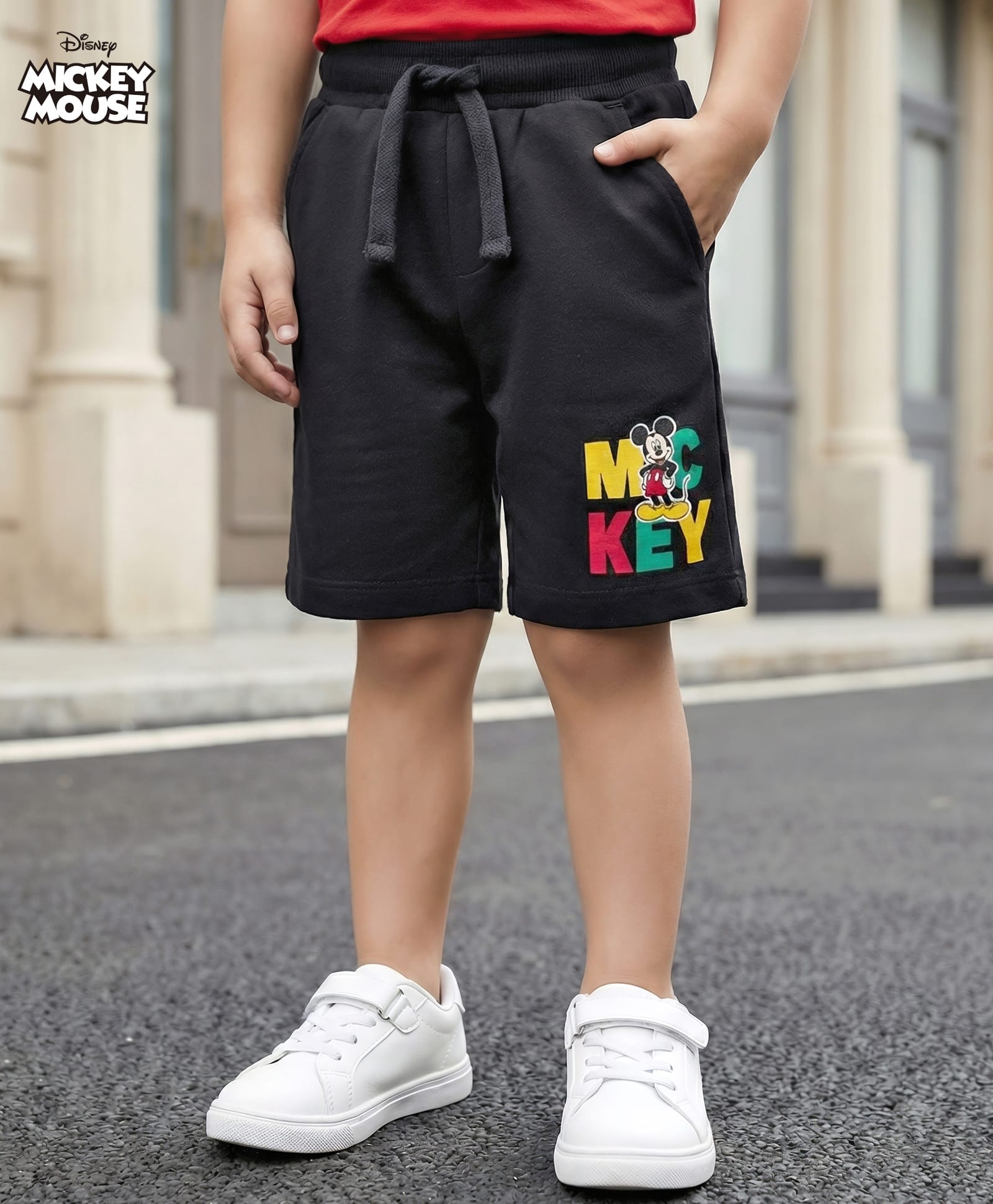Babyhug Disney Terry Knit Above Knee Length Shorts with Mickey Mouse Graphic - Black-image-41