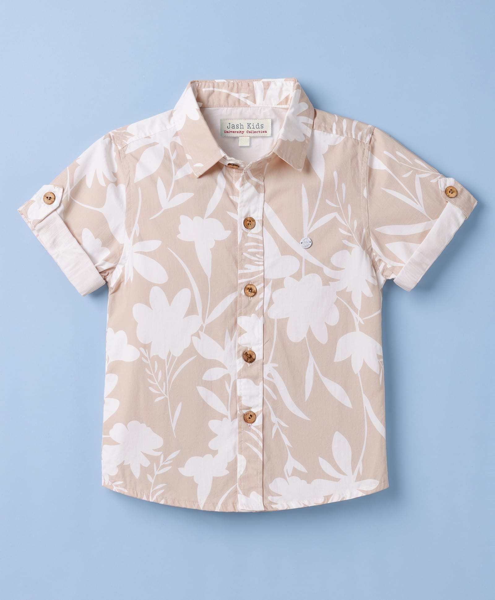 JASH KIDS Cotton Woven Half Sleeves Floral Printed Shirt - Beige-picture-16
