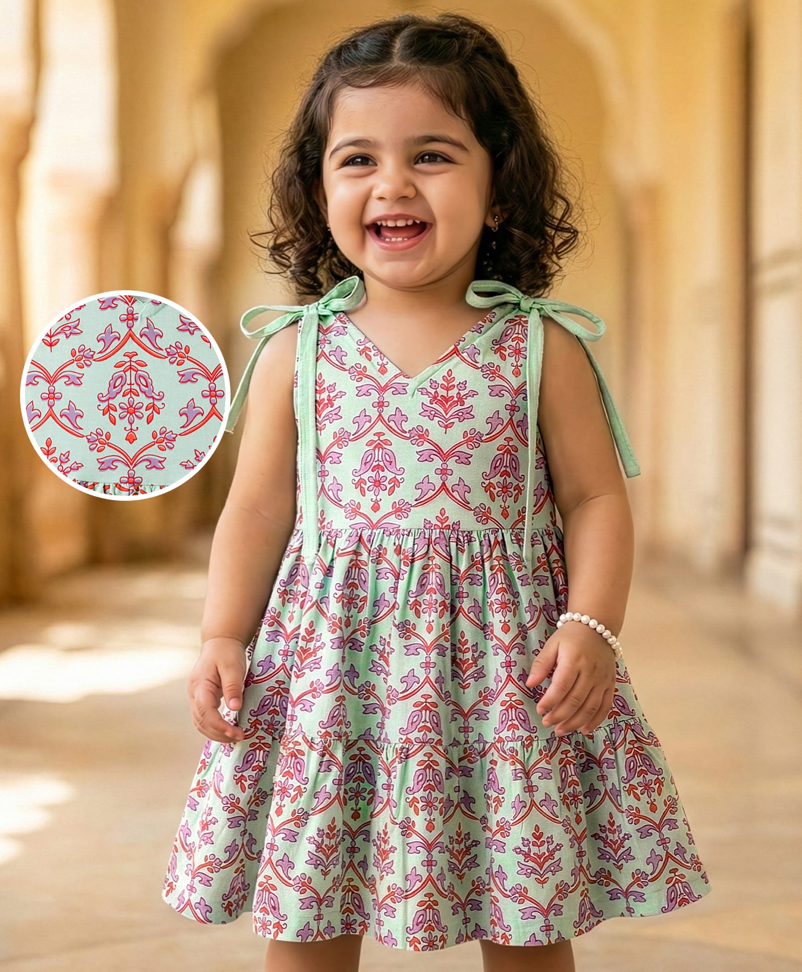 EARTHY TOUCH 100% Cotton Sleeveless Floral Printed Ethnic Dress - Sea Green-image-29