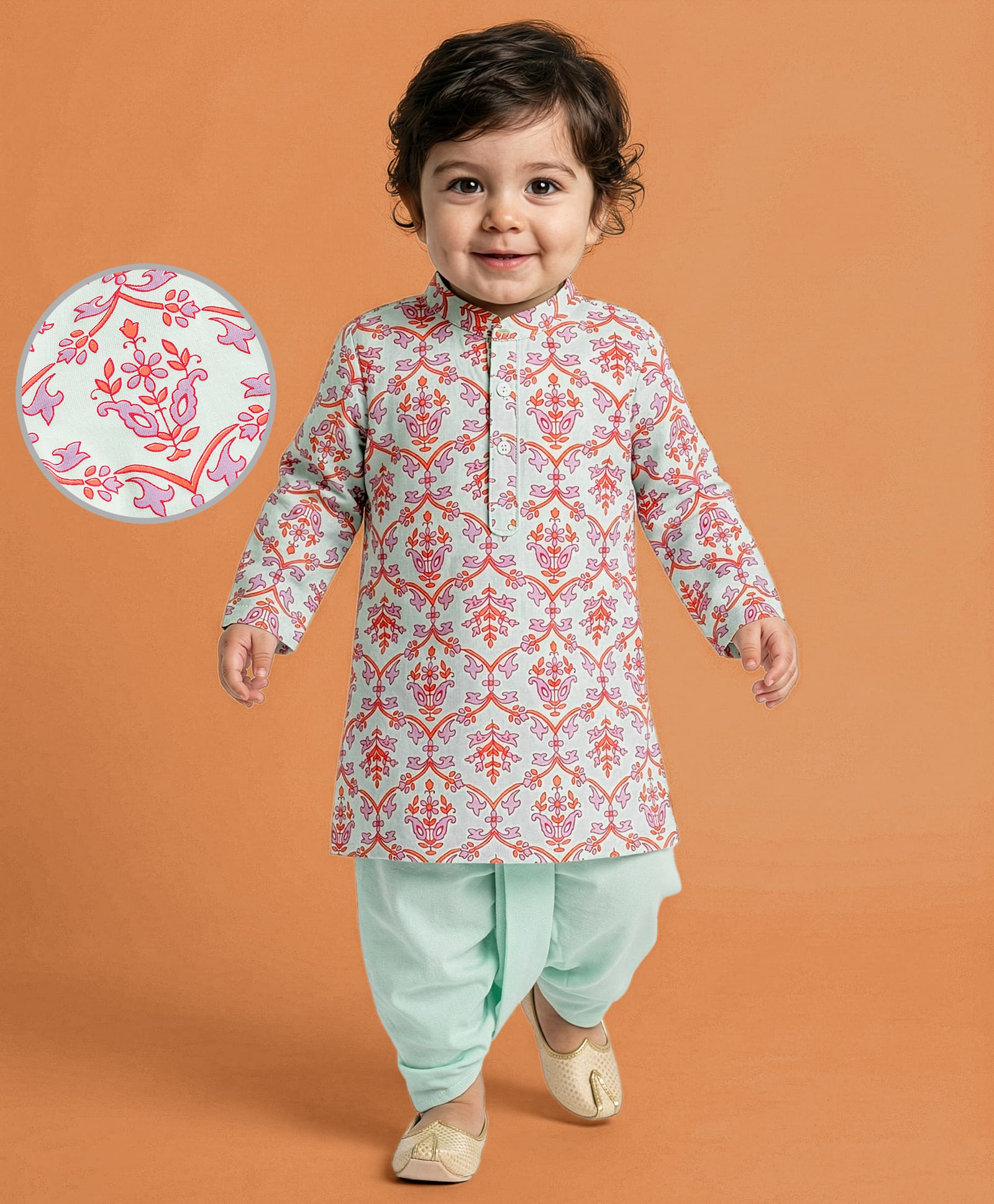 EARTHY TOUCH Cotton Jersey Knit Full Sleeves Kurta Dhoti Set With Floral Print - Light Blue-picture-25