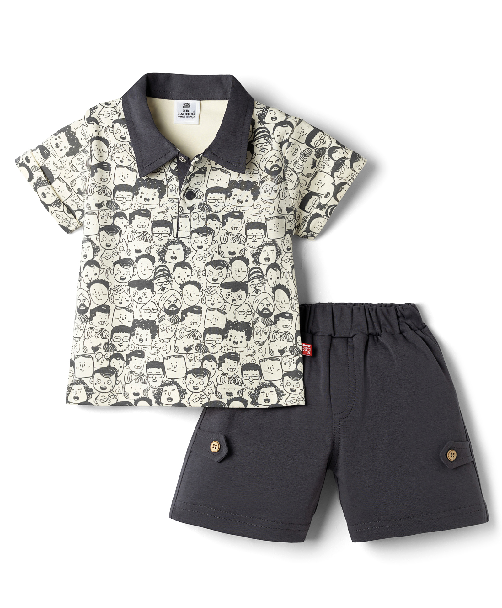Mini Taurus Sinker Knit Half Sleeves Printed T-Shirt & Shorts Set - Grey-picture-37