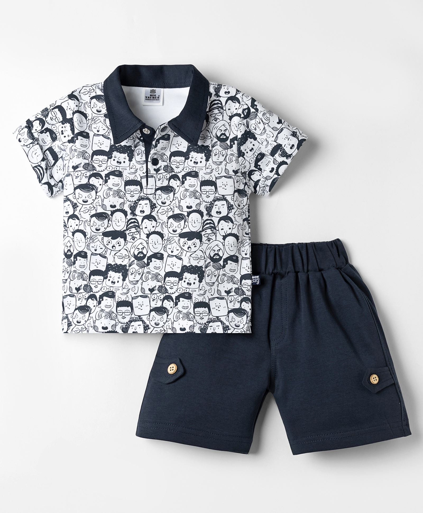 Mini Taurus Sinker Knit Half Sleeves Printed T-Shirt & Shorts Set - Navy Blue-picture-24