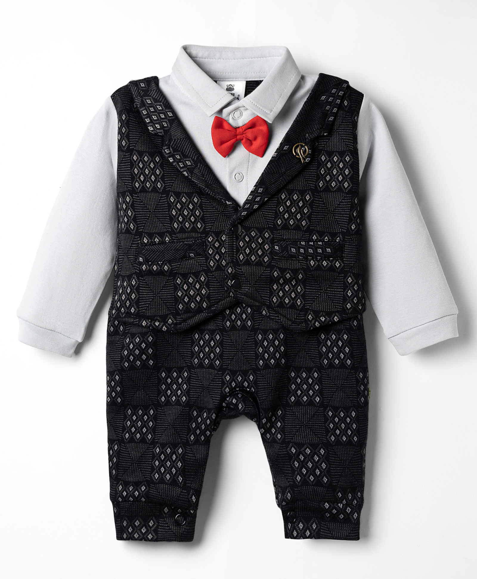 Mini Taurus Interlock Woven Full Sleeves Printed Party Romper With Bow Applique - Black-picture-45