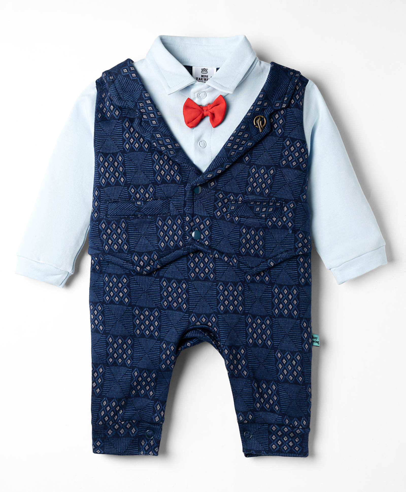 Mini Taurus Interlock Woven Full Sleeves Printed Party Romper With Bow Applique - Blue-picture-31