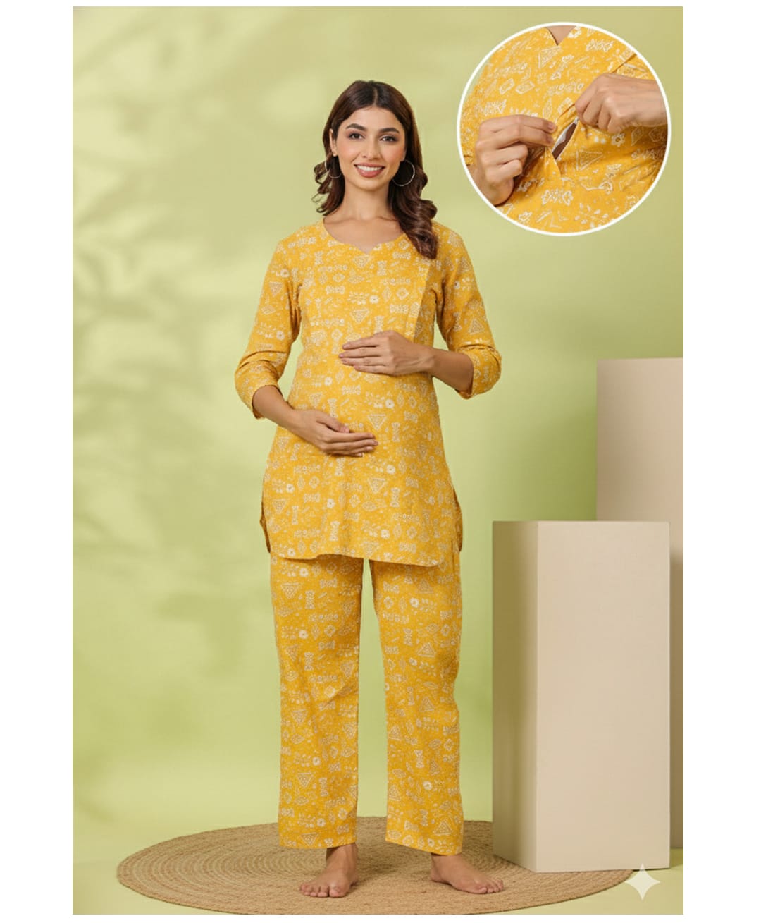 CRAFIQA Cotton Woven Three Fourth Sleeves Abstract Printed Coordinating Maternity Kurti & Pant Set With Side Nursing Access - Mustard-image-38