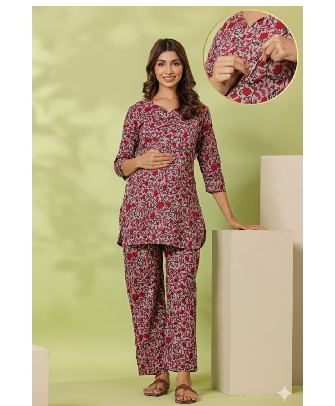CRAFIQA Cotton Woven Three Fourth Sleeves Floral Printed Coordinating Maternity Kurti & Pant Set With Side Nursing Access - Grey-image-37