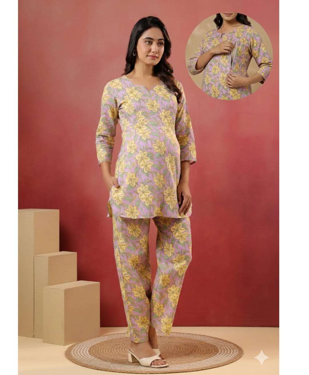 CRAFIQA Cotton Woven Three Fourth Sleeves Floral Printed Coordinating Maternity Kurti & Pant Set With Side Nursing Access - Mauve-image-20