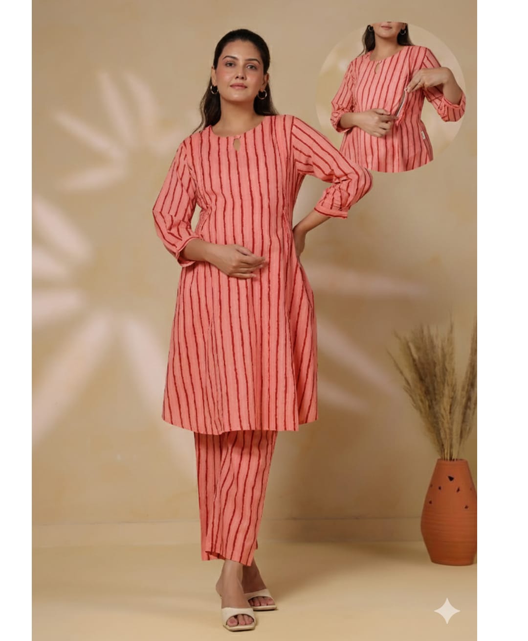 CRAFIQA Cotton Woven Three Fourth Sleeves Striped Maternity Kurti With Side Zipper Nursing Access & Coordinating Pant Set - Peach-image-20