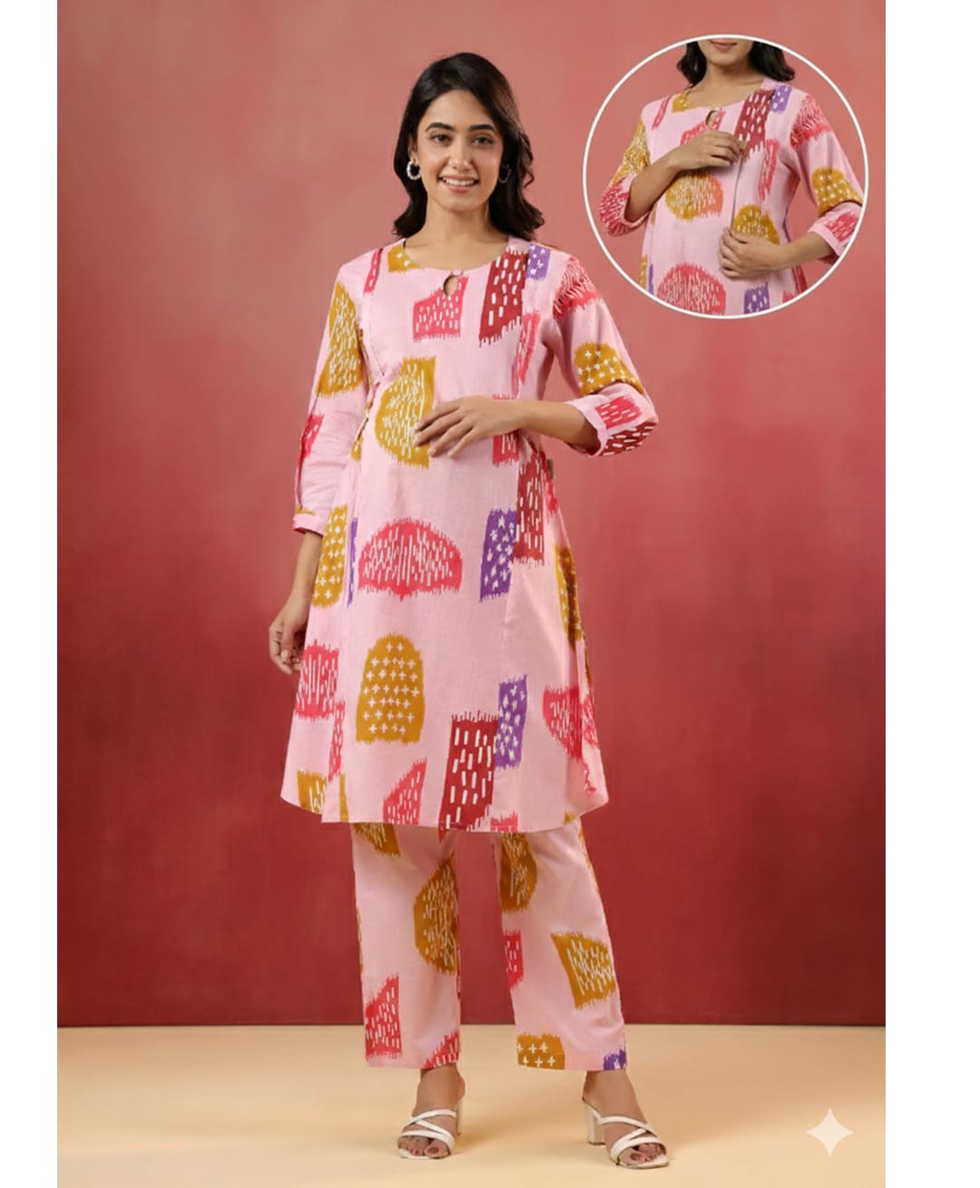 CRAFIQA Cotton Woven Three Fourth Sleeves Abstract Printed Maternity Kurti With Side Zipper Nursing Access & Coordinating Pant Set - Pink-image-43