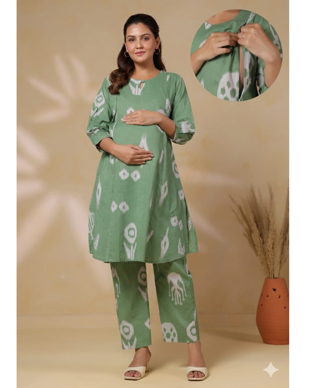 CRAFIQA Cotton Woven Three Fourth Sleeves Abstract Printed Maternity Kurti With Side Zipper Nursing Access & Coordinating Pant Set - Green-image-18