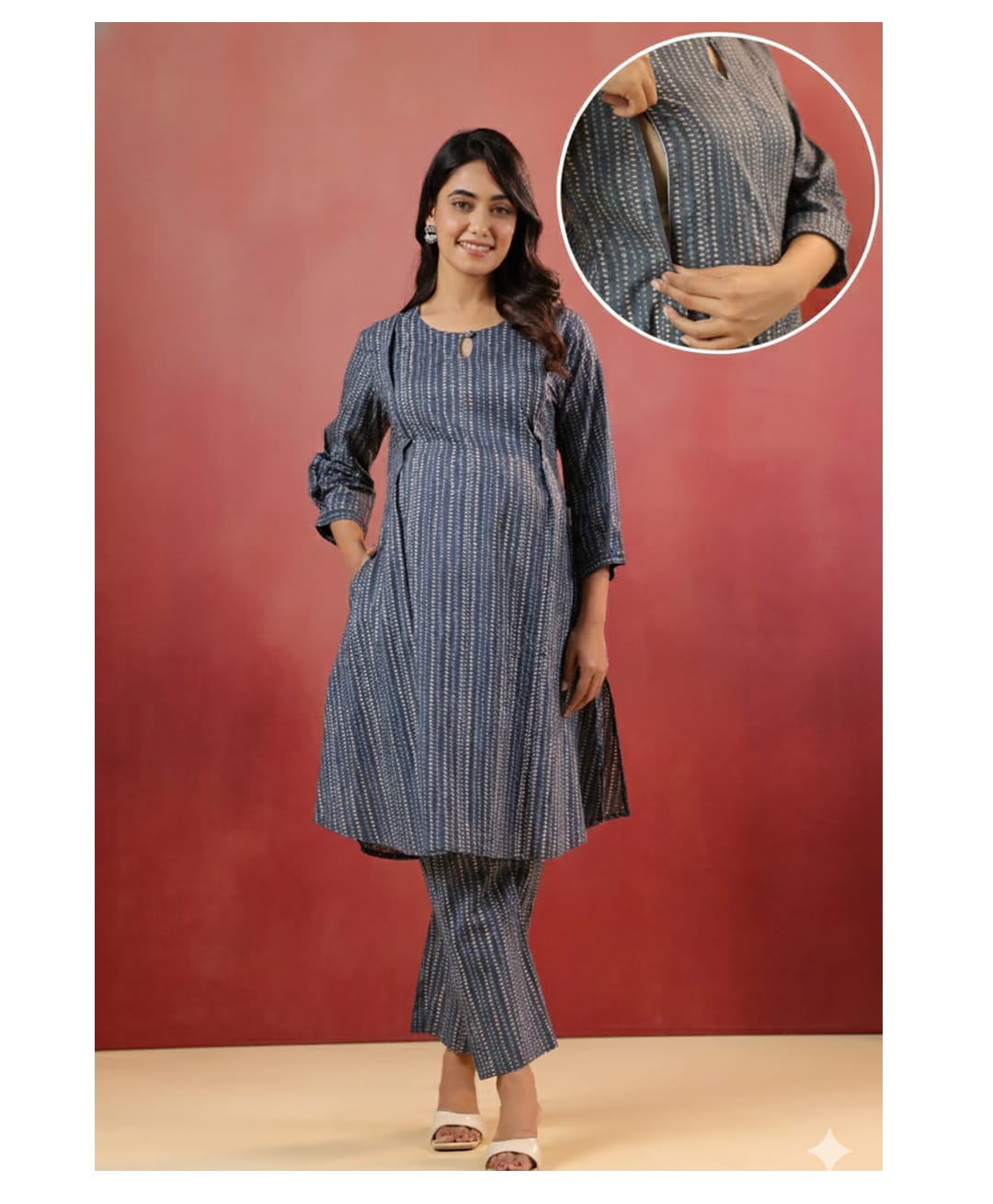 CRAFIQA Cotton Woven Three Fourth Sleeves Dots Printed Maternity Kurti With Side Zipper Nursing Access & Coordinating Pant Set - Grey-image-40