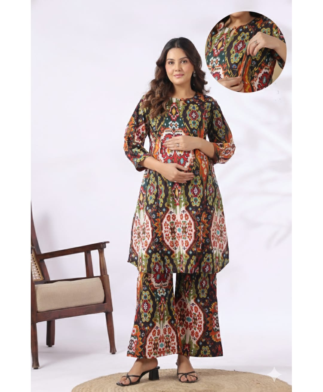 CRAFIQA Cotton Woven Three Fourth Sleeves Floral Printed Maternity Kurti With Side Zipper Nursing Access & Coordinating Pant Set - Black-image-48