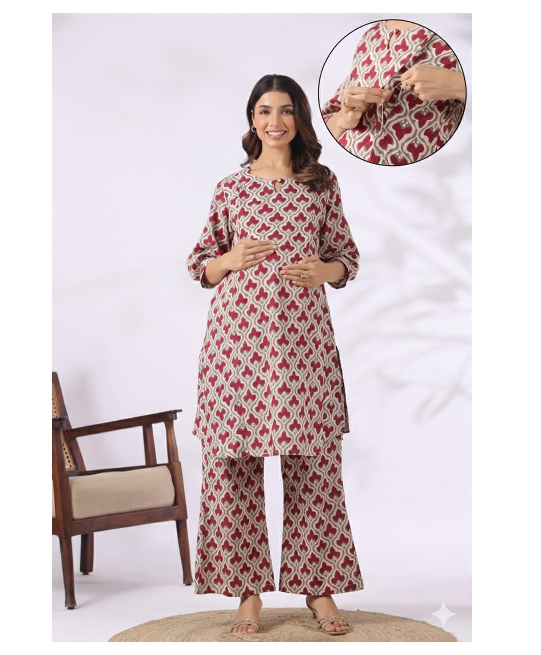 CRAFIQA Cotton Woven Three Fourth Sleeves Abstract Motifs Printed Maternity Kurti With Side Zipper Nursing Access & Coordinating Pant Set - Grey-image-41