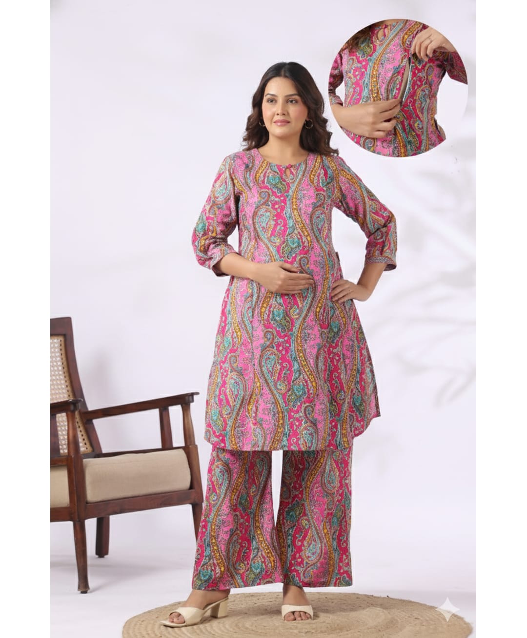 CRAFIQA Cotton Woven Three Fourth Sleeves Paisley Printed Maternity Kurti With Side Zipper Nursing Access & Coordinating Pant Set - Pink-image-13