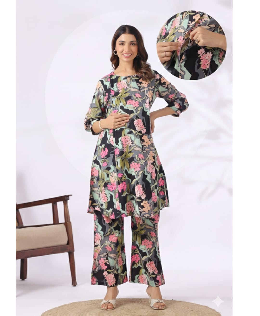 CRAFIQA Cotton Woven Three Fourth Sleeves Abstract Printed Maternity Top With Side Zipper Nursing Access & Coordinating Pant Set - Black-image-37