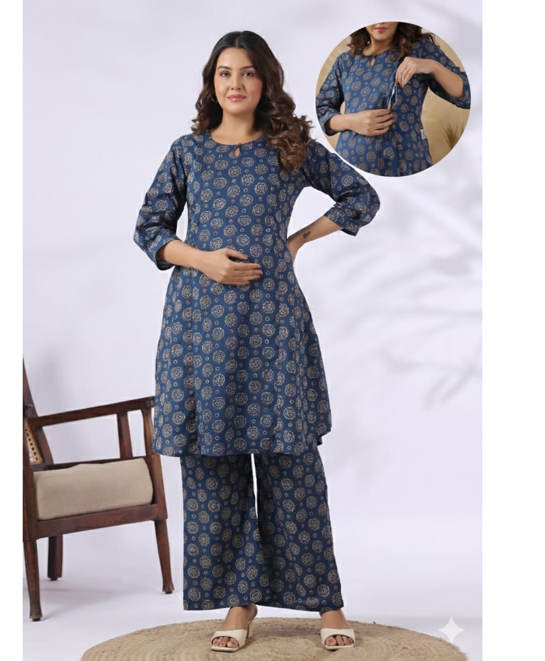 CRAFIQA Cotton Woven Three Fourth Sleeves Abstract Printed Maternity Kurti With Side Zipper Nursing Access & Coordinating Pant Set - Indigo