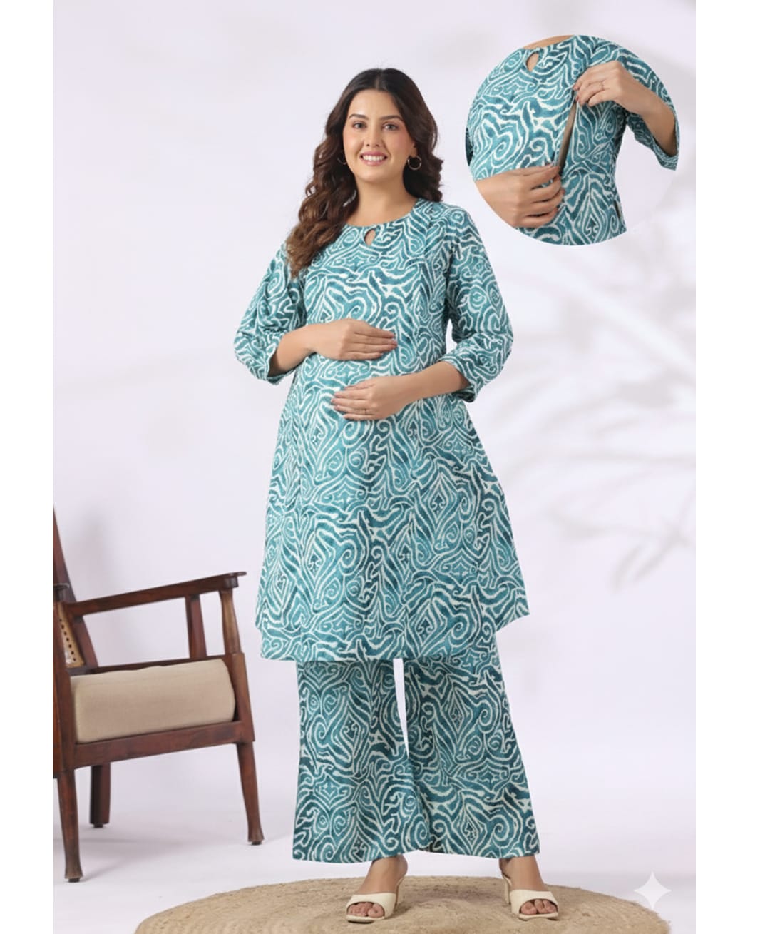 CRAFIQA Cotton Woven Three Fourth Sleeves Abstract Printed Maternity Kurti With Side Zipper Nursing Access & Coordinating Pant Set - Teal-image-18