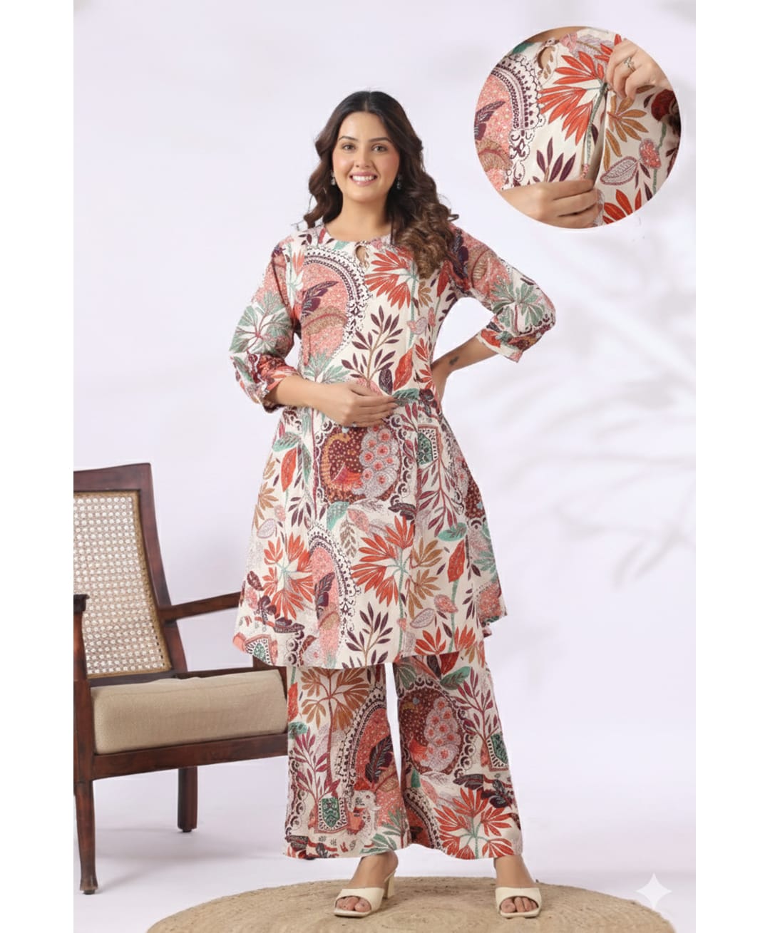 crafiqa cotton woven three fourth sleeves leaves printed maternity kurti with side zipper nursing access & coordinating pant set - multi colour