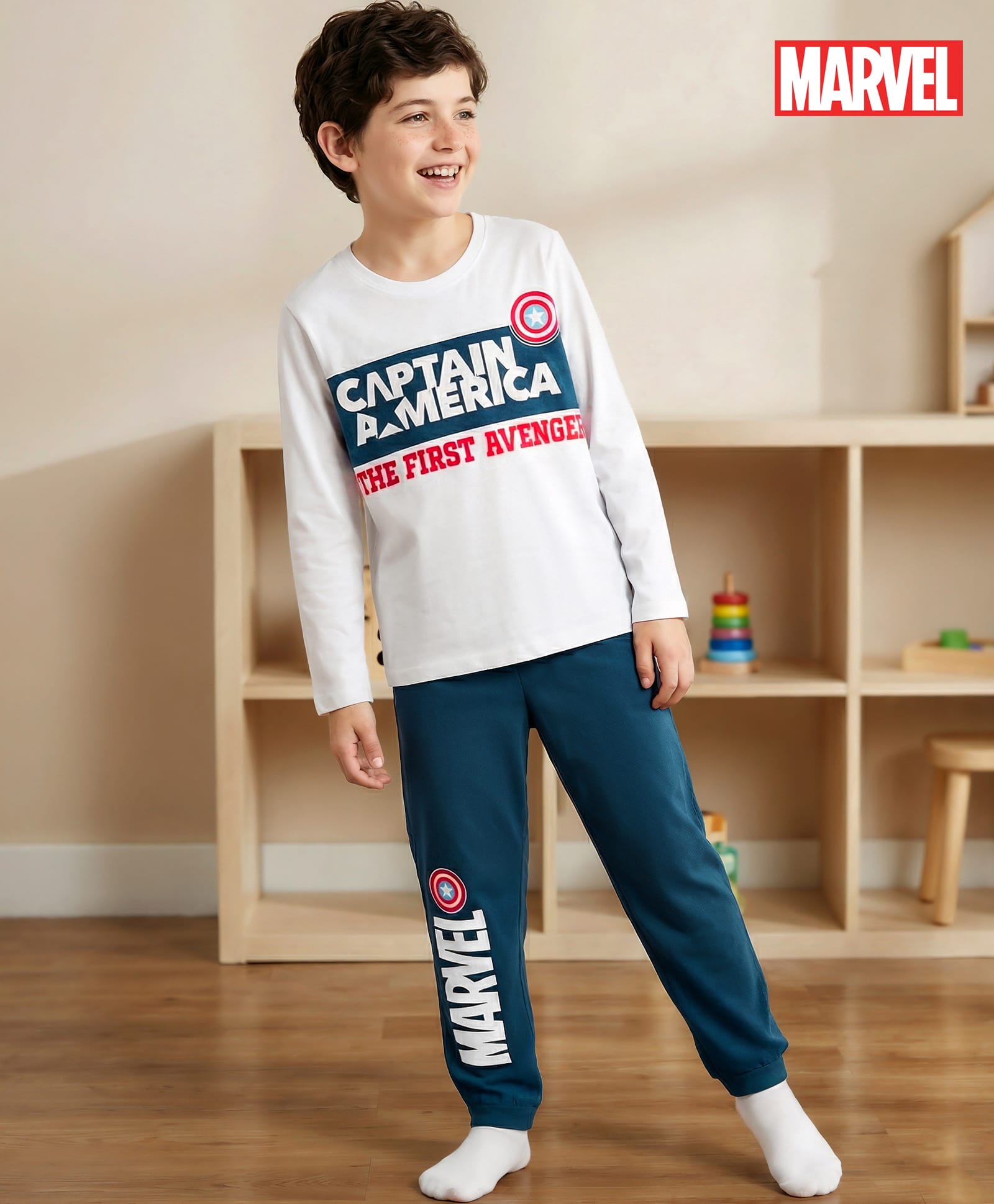 Honeyhap Marvel Single Jersey Knit Full Sleeve Pyjama Night Suit Set with Avengers Graphic- White & Blue-image-30