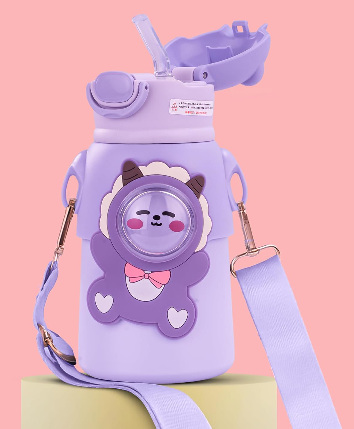 Baybee Premium Cubby Sipper Water Bottle for Kids | BPA Free & Leak Proof Stainless Steel Insulated Drinking Water Bottle | Soft Silicone Straw & Adjustable Strap 6+ Months Babys (520ml, Purple Bear)-image-2