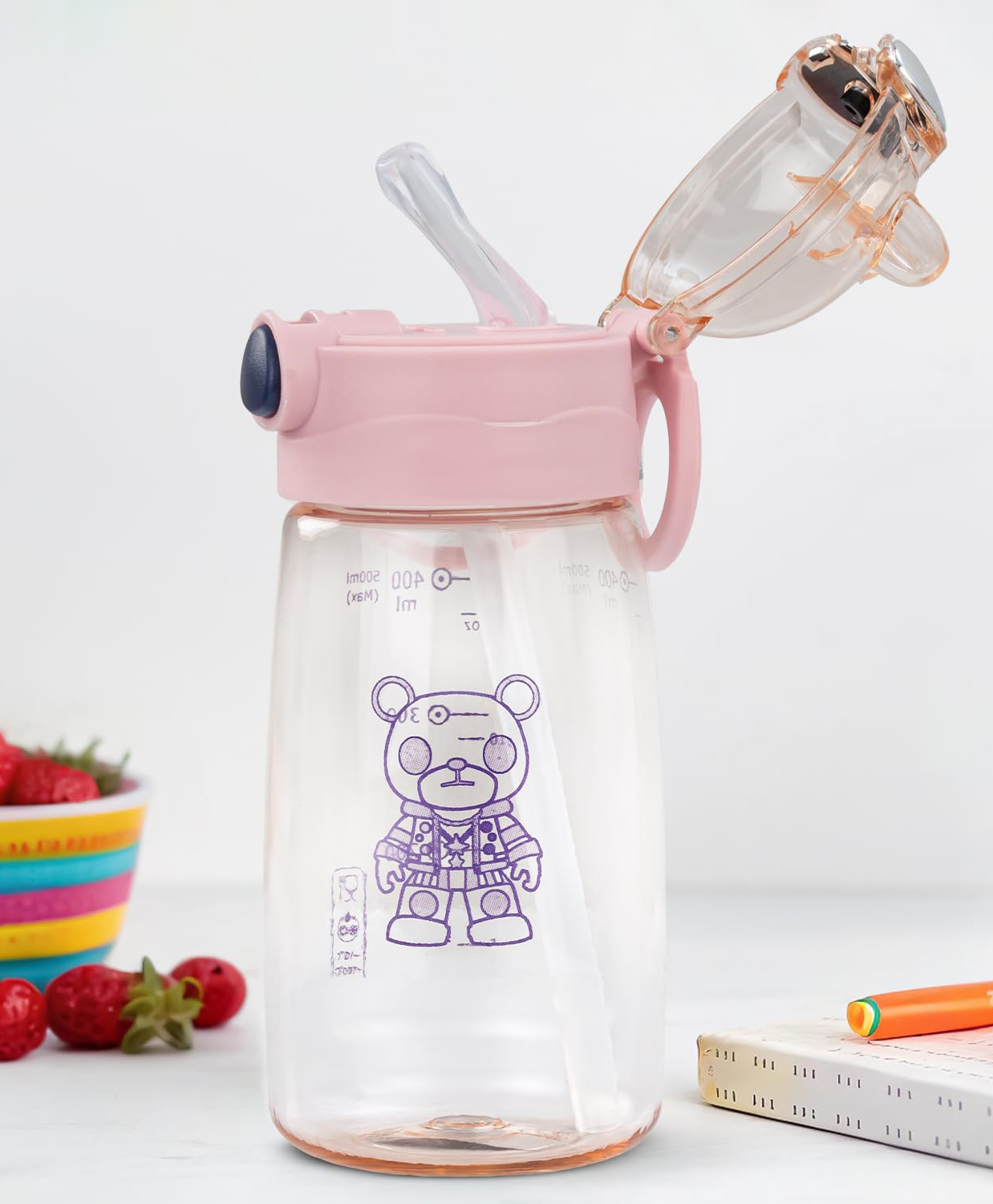 BAYBEE AquaTots Sipper Water Bottle for Kids | Leak Proof Baby Sipper Bottle with Straw | BPA Free with Carry Handle | Insulated Drinking Sippy Water Bottle for School Kids (500ml, Pink)-picture-25