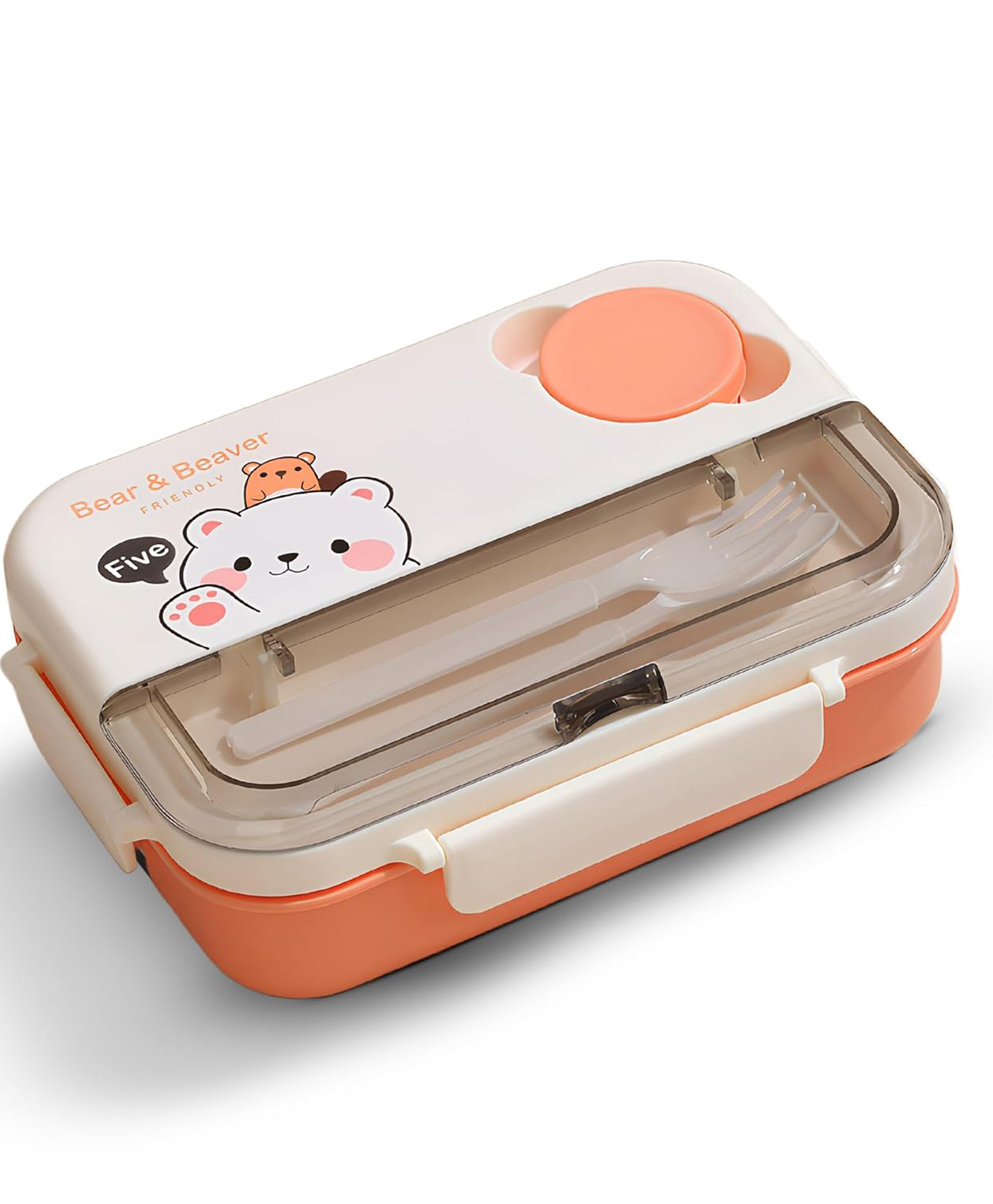 BAYBEE Bentozo Kids Lunch Box with Spoon | Leakproof Bento Box for School & Travel | Microwave & Oven Safe Stainless Steel Inner Tray | BPA-Free Food Container for Toddlers & Children (900ml, Orange)-image-43