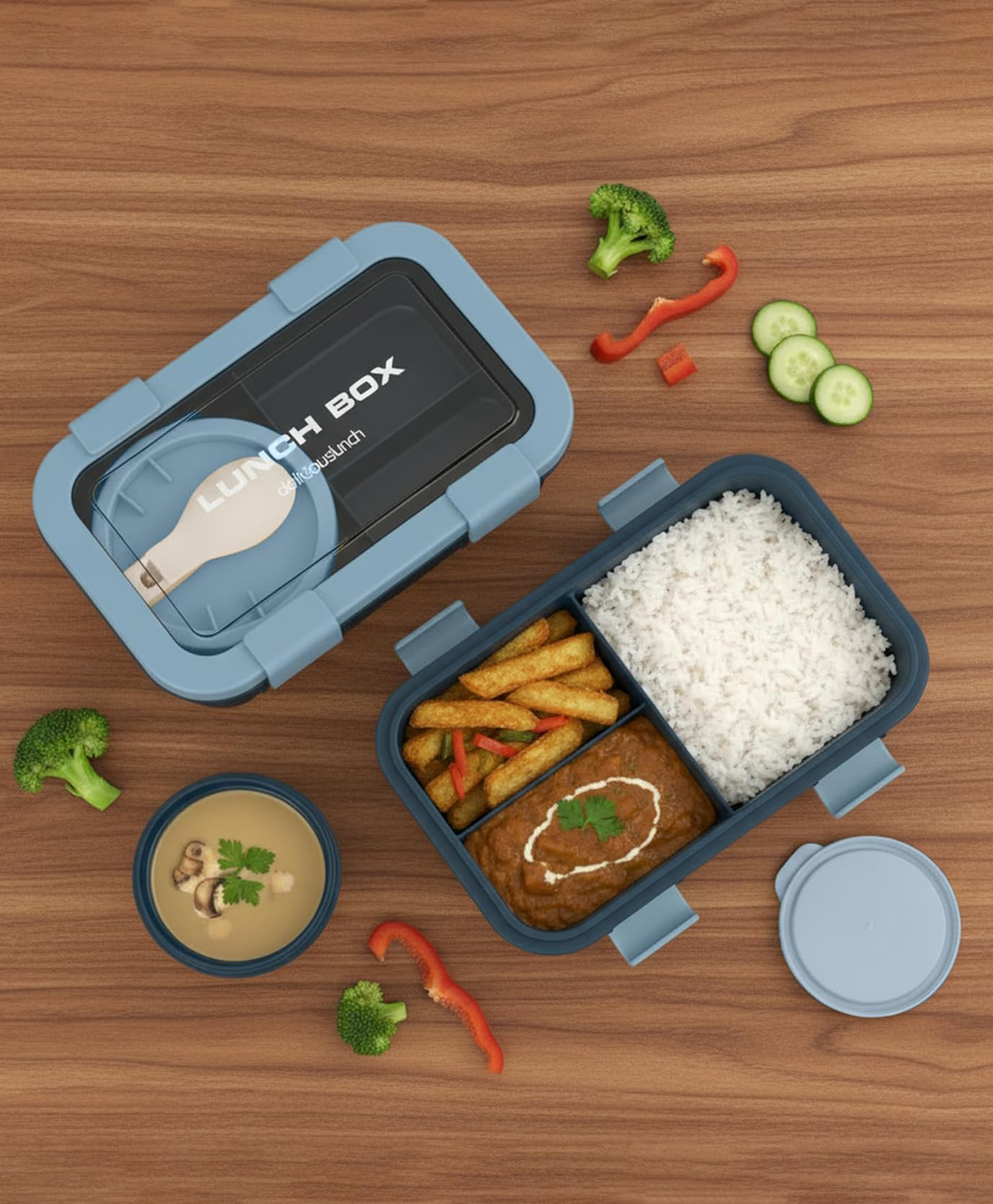 BAYBEE Leakproof Lunch Box with 4 Compartments & Sauce Container | BPA-Free Airtight Bento Box 1250ml with 4-Side Locking System, Spoon | Hot Food Storage Tiffin Box for School Kids & Adults (Blue)-picture-33