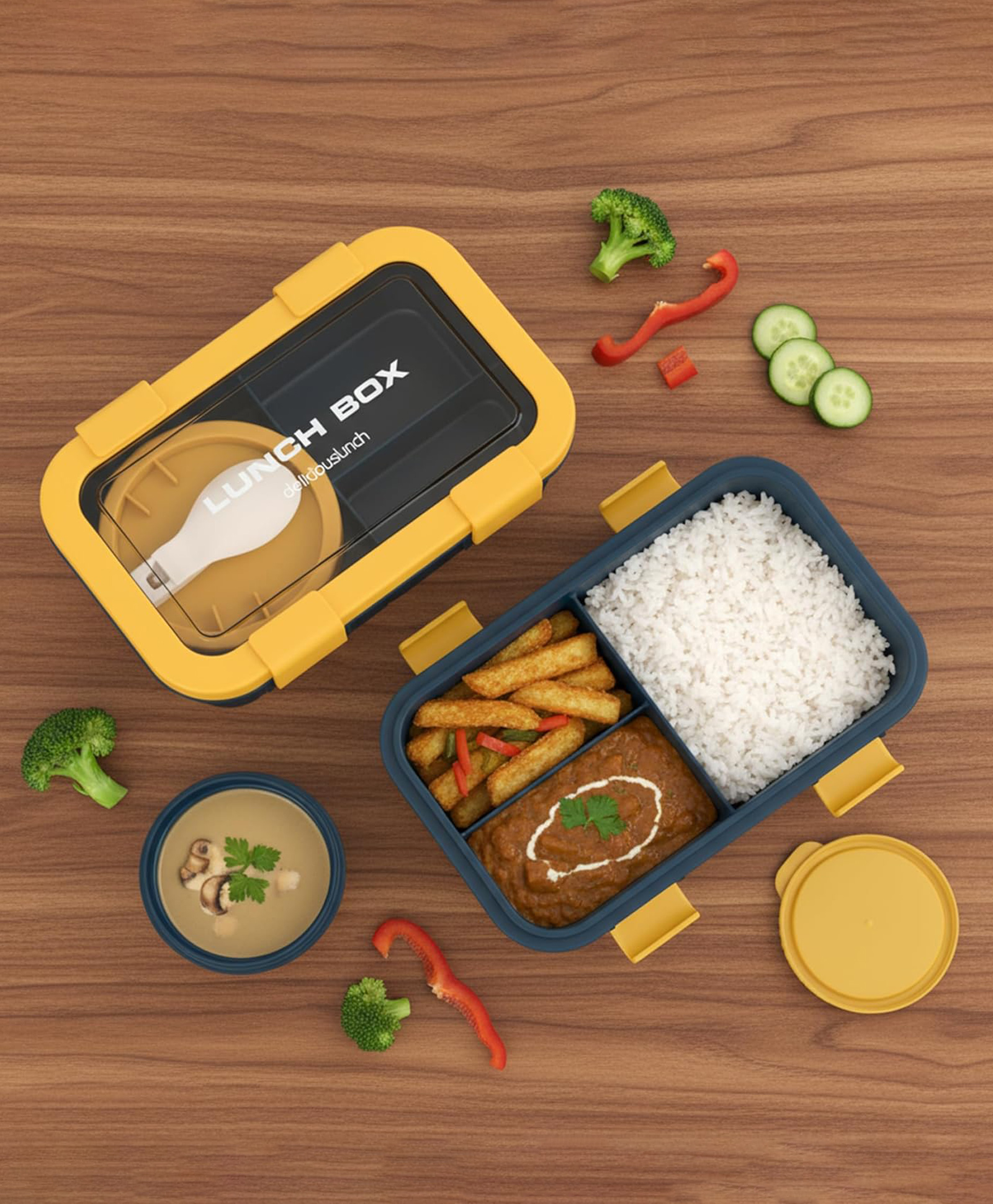 BAYBEE Leakproof Lunch Box with 4 Compartments & Sauce Container | BPA-Free Airtight Bento Box 1250ml with 4-Side Locking System, Spoon | Hot Food Storage Tiffin Box for School Kids & Adults (Yellow)-image-39