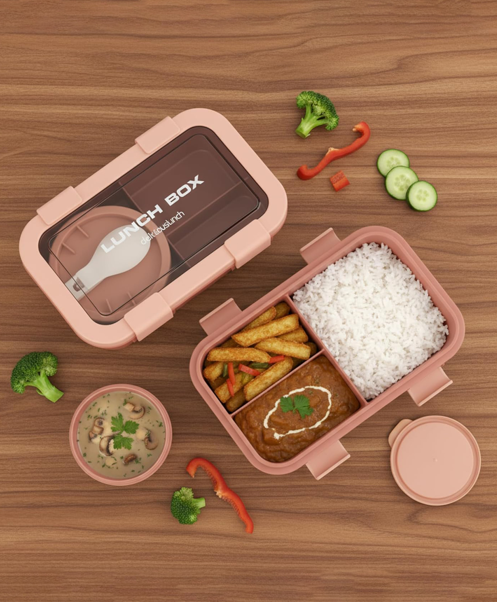 BAYBEE Leakproof Lunch Box with 4 Compartments & Sauce Container | BPA-Free Airtight Bento Box 1250ml with 4-Side Locking System, Spoon | Hot Food Storage Tiffin Box for School Kids & Adults (Pink)-picture-31
