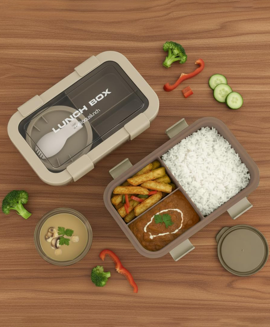 BAYBEE Leakproof Lunch Box with 4 Compartments & Sauce Container | BPA-Free Airtight Bento Box 1250ml with 4-Side Locking System, Spoon | Hot Food Storage Tiffin Box for School Kids & Adults (Beige)-picture-30