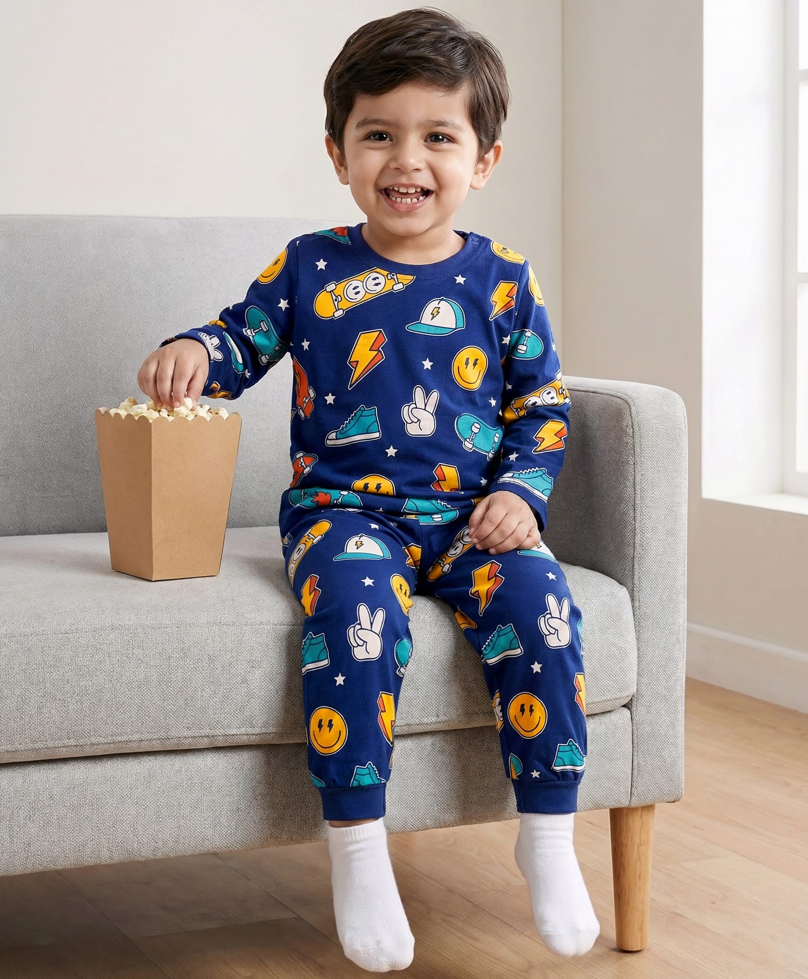 Babyhug Cotton Knit Half Sleeves Co-ords T-Shirt & Pajama Night Suit with Skating Theme Print - Navy Blue-image-47