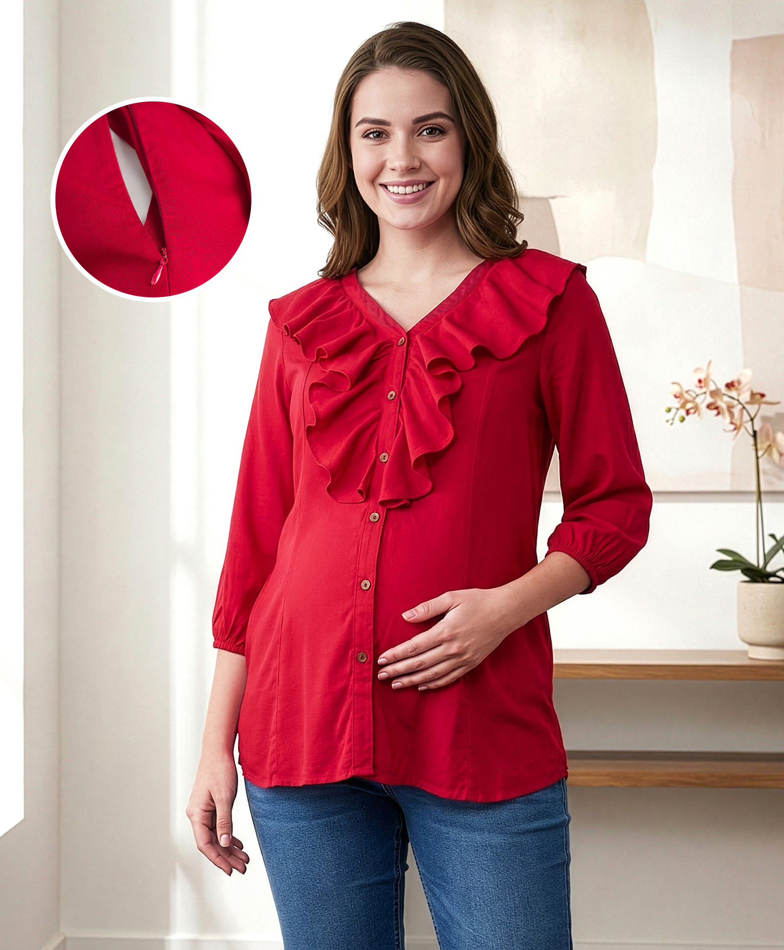 Bella Mama Woven Three Fourth Sleeves Solid Colour Maternity Top with Ruffle Detailing - Maroon