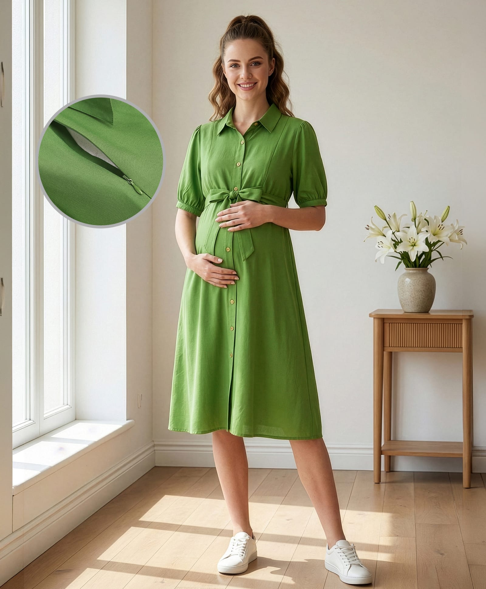 Bella Mama Woven Half Sleeves Solid Maternity Shirt Dress - Olive Green-image-33