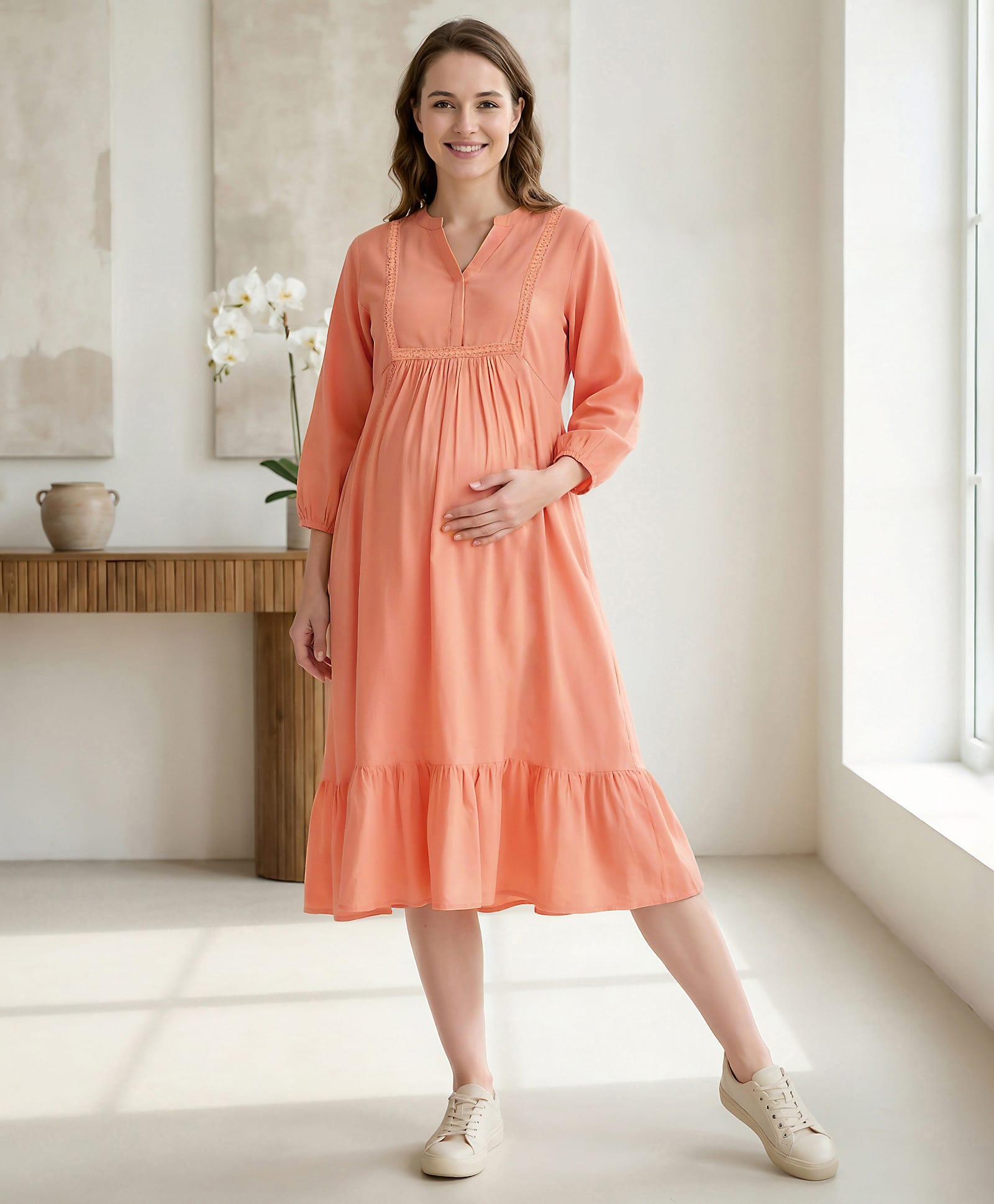 Bella Mama Woven Three Fourth Sleeves Solid Maternity Dress With Lace Detailing - Peach