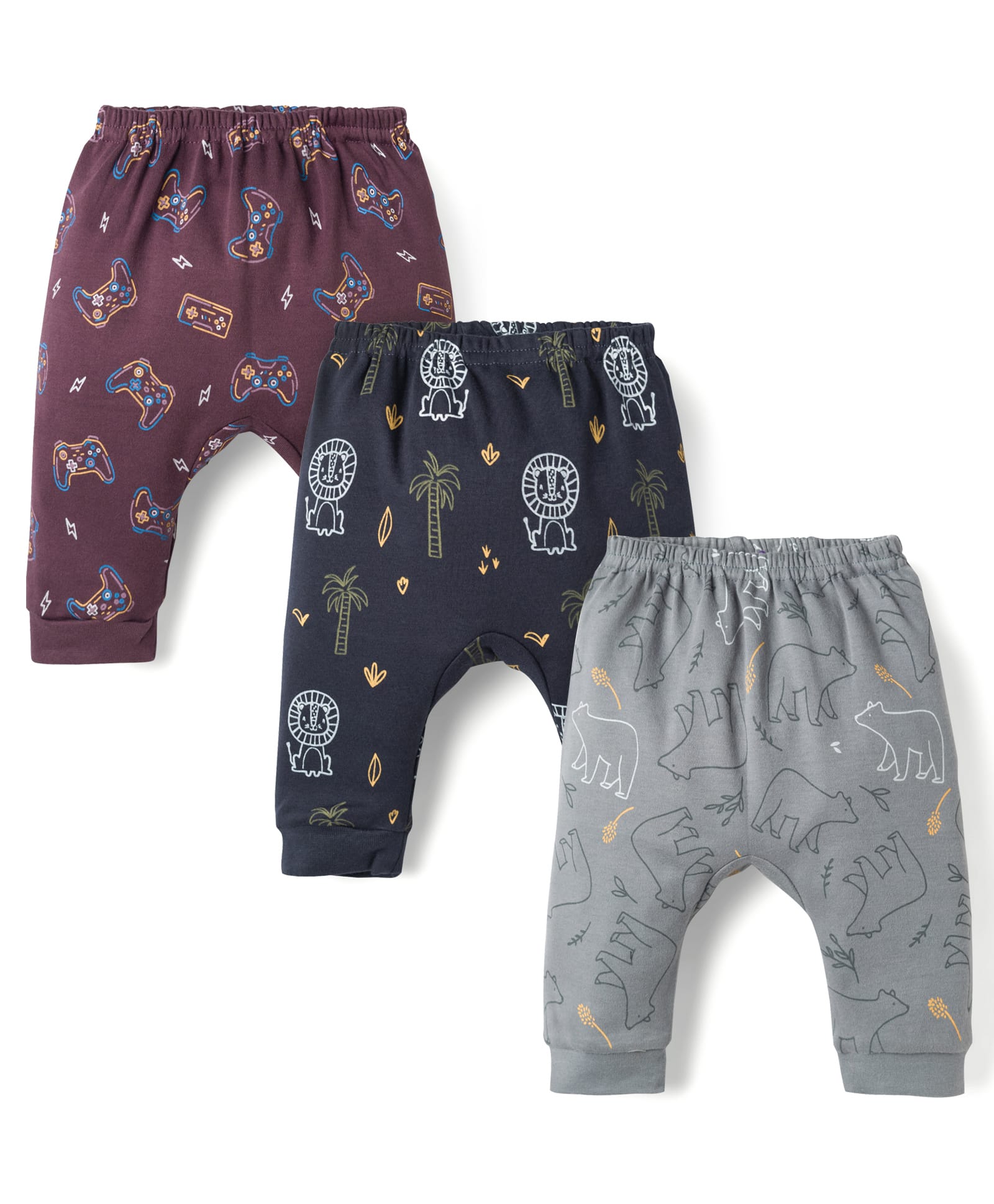 Zero Interlock Knit Full Length Animal Printed Diaper Leggings Pack of 3 - Grey, Navy & Maroon