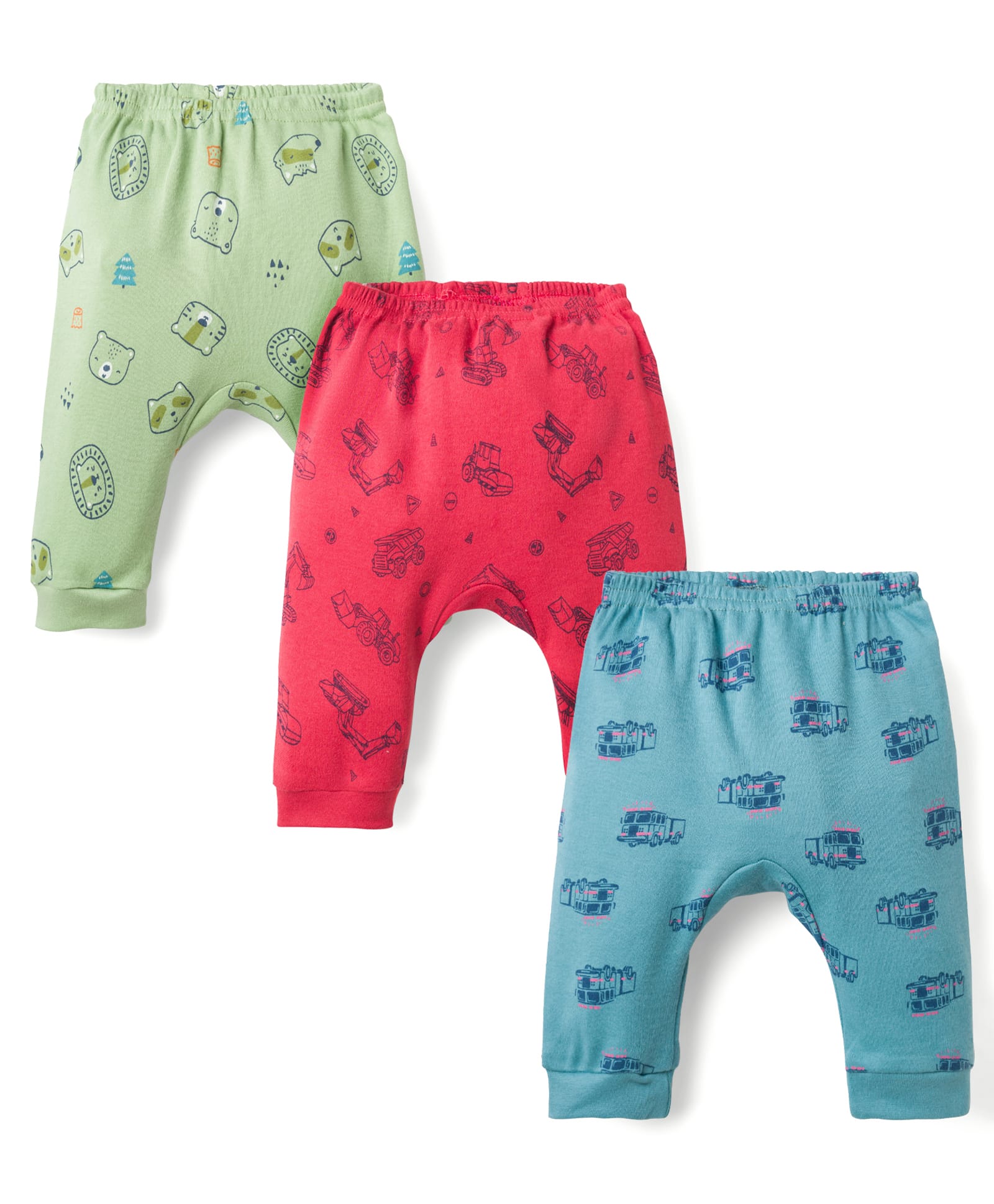 Zero Interlock Knit Full Length Animal & Firetruck Printed Diaper Leggings Pack of 3 - Red, Green & Blue