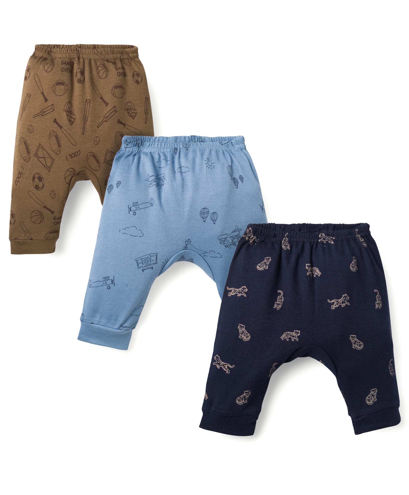Zero Interlock Knit Full Length Animal & Plane Printed Diaper Leggings Pack of 3- Navy, Brown & Light Blue