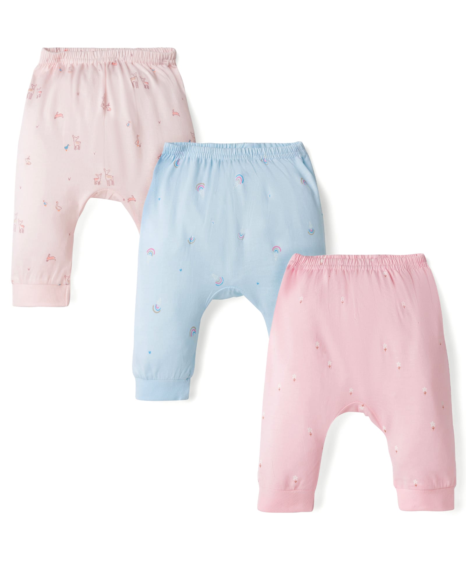 Zero Interlock Knit Full Length Diaper Leggings with Floral & Deer Print Pack of 3 - Pink, Peach & Blue