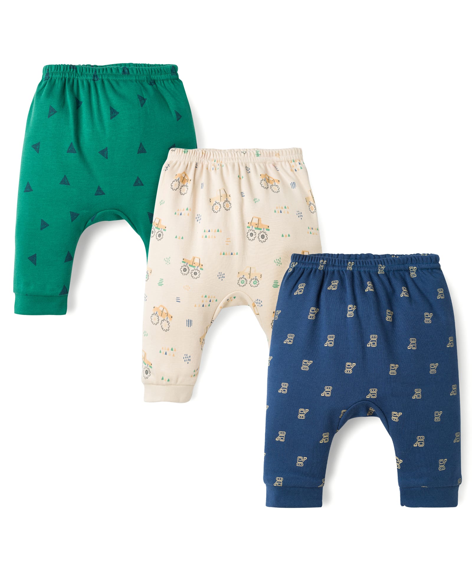 Zero Interlock Knit Full Length Diaper Leggings with Monster Truck Print Pack of 3 - Navy, Beige & Green-image-17