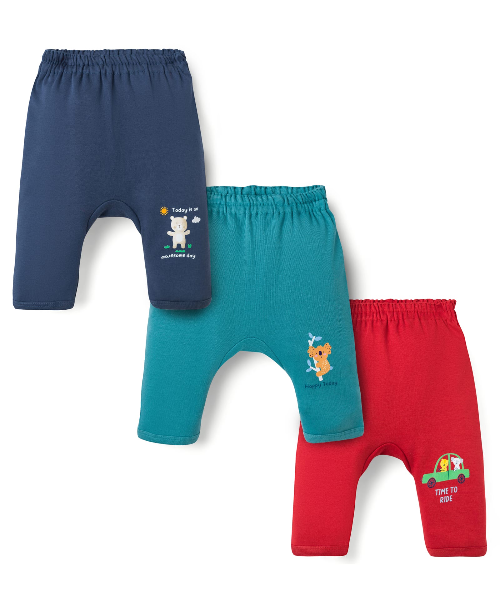 Zero Interlock Knit Full Length Diaper Leggings with Animal & Car Print Pack of 3 - Navy, Red & Turquoise