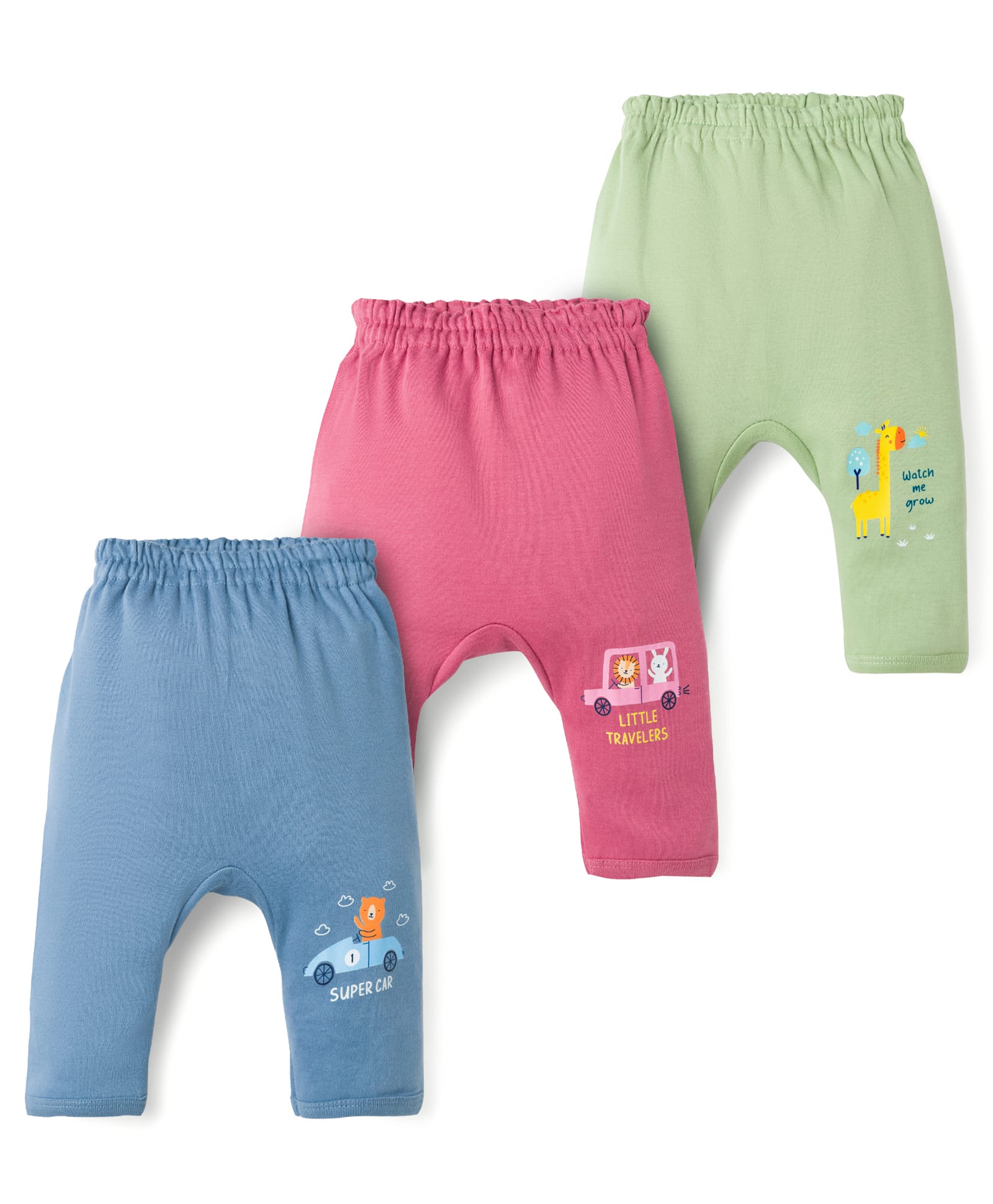 Zero Interlock Knit Full Length Diaper Leggings with Animal & Car Print Pack of 3 - Light Blue, Pink & Sea Green
