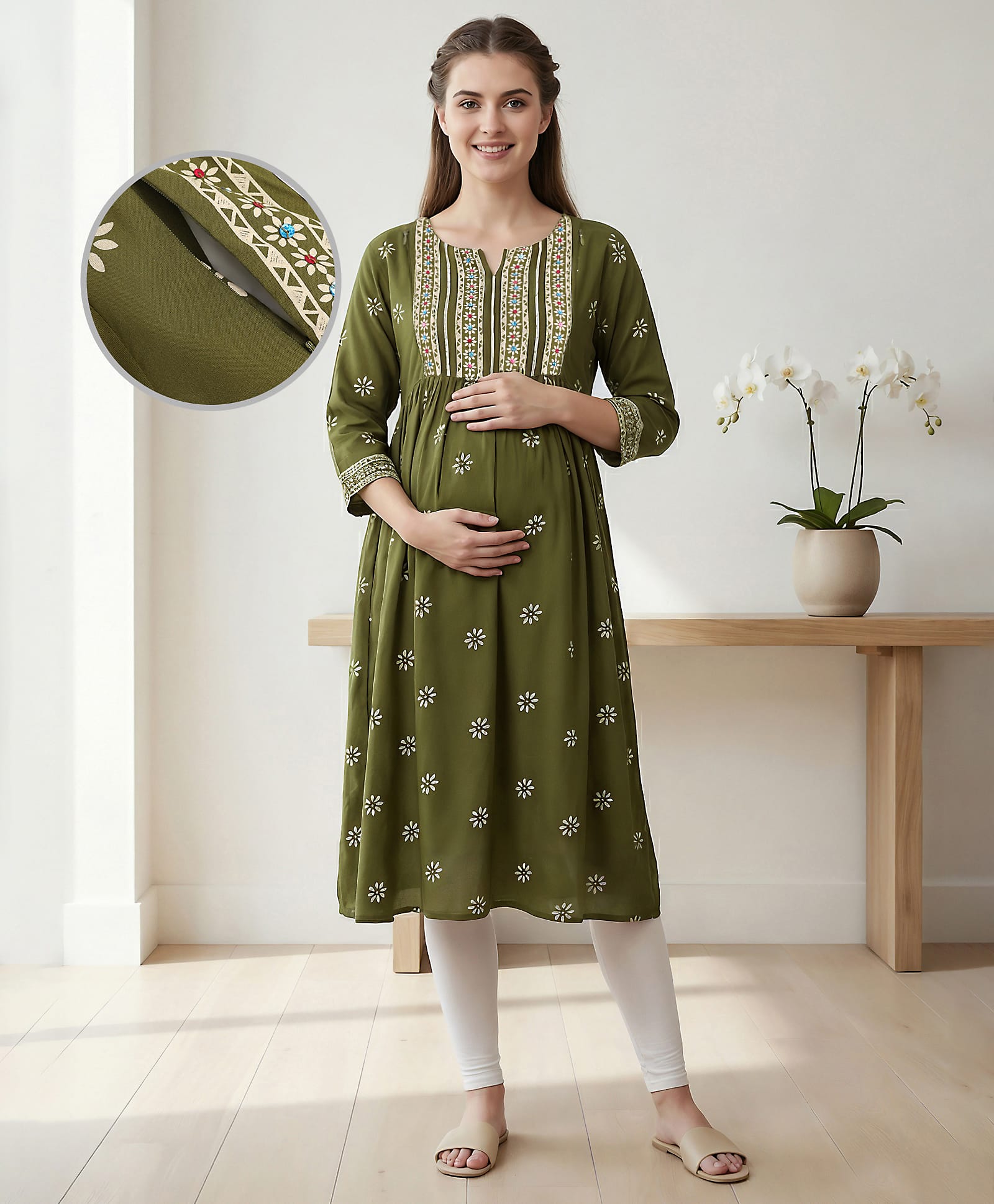 Bella Mama Woven Three Fourth Sleeves Maternity Kurta With Floral Embroidery & Printed Yoke - Olive Green